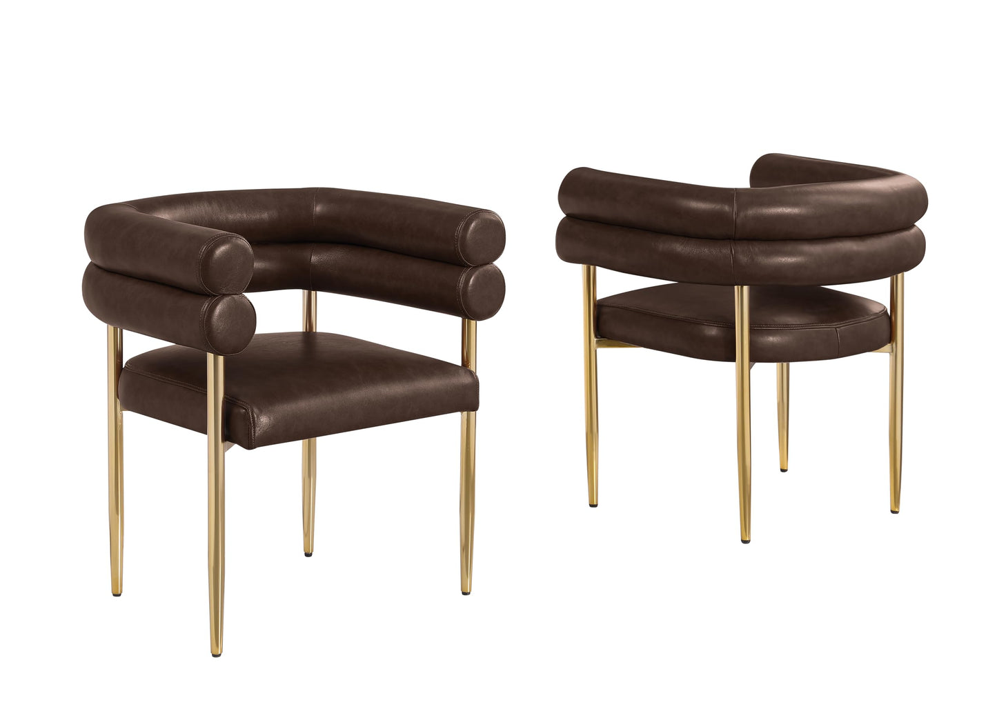 Modern Double Bolster Dining Chairs Set of 2, Leath-Aire Upholstered Tub Chairs with Gold Base, Mid-Century Accent Chairs for Dining Room, Living Room, & Office (Espresso/Gold)