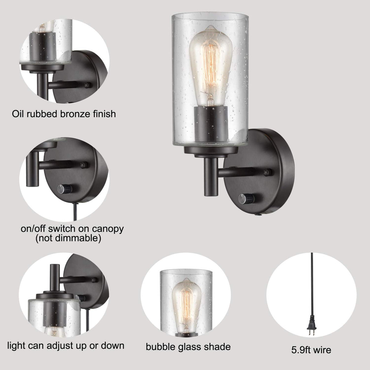DANSEER Contemporary Oil Rubbed Bronze Bubble Glass Wall Sconces Set of Two Sconce Plug in with Switch