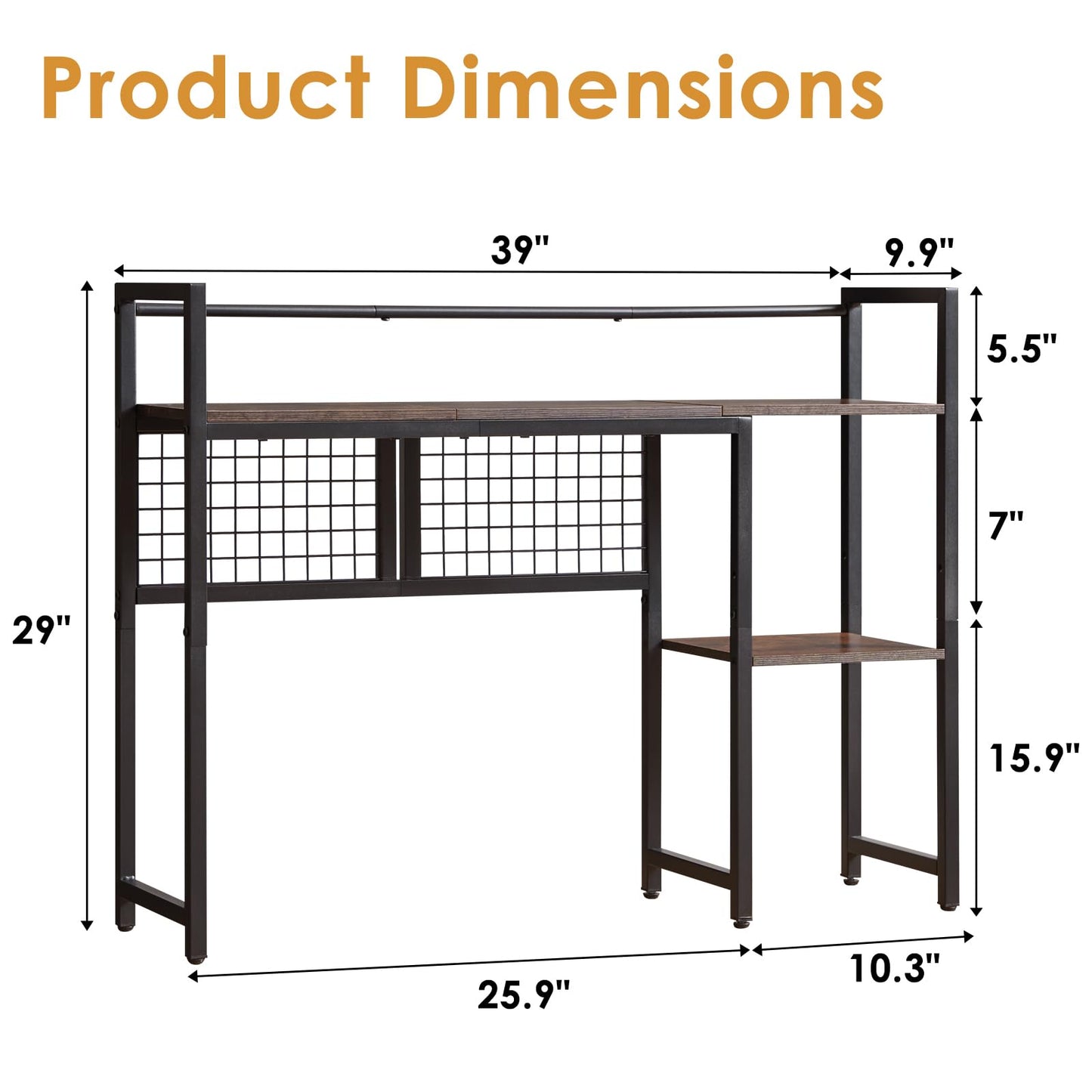 Grecodown 4-Tier Desk Hutch Shelf with Grid Panel, 39” Desktop Bookshelf for Monitor, Office & Home (Rustic Brown, 39")