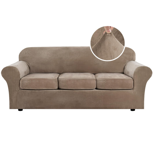 H.VERSAILTEX Modern Velvet Plush 4 Piece High Stretch Sofa Slipcover Strap Sofa Cover Furniture Protector Form Fit Luxury Thick Velvet Sofa Cover for 3 Cushion Couch Width Up to 90 Inch (Sofa, Camel)