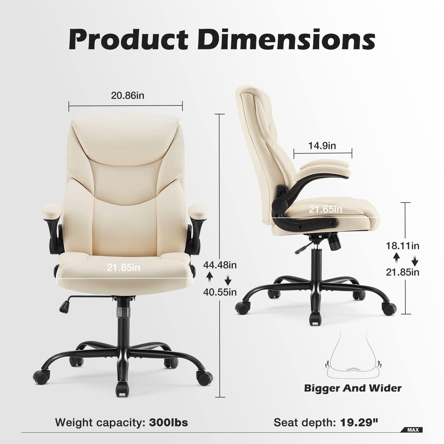 DUMOS Office Chair Set of 2 - Ergonomic Executive Computer Desk Chairs with Adjustable Flip-up Armrest, Swivel Task Chair with Lumbar Support, Strong Metal Base, PU Leather, Cream White