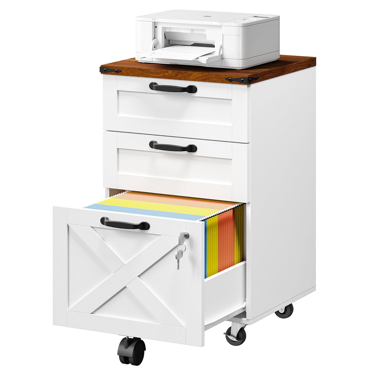 HOOBRO 3 Drawer File Cabinet with Lock, Mobile Farmhouse Filing Cabinet for A4/Letter Size, Under Desk Rolling Office Cabinet, Printer Stand with Storage for Home Office, White and Walnut WH67WJ01