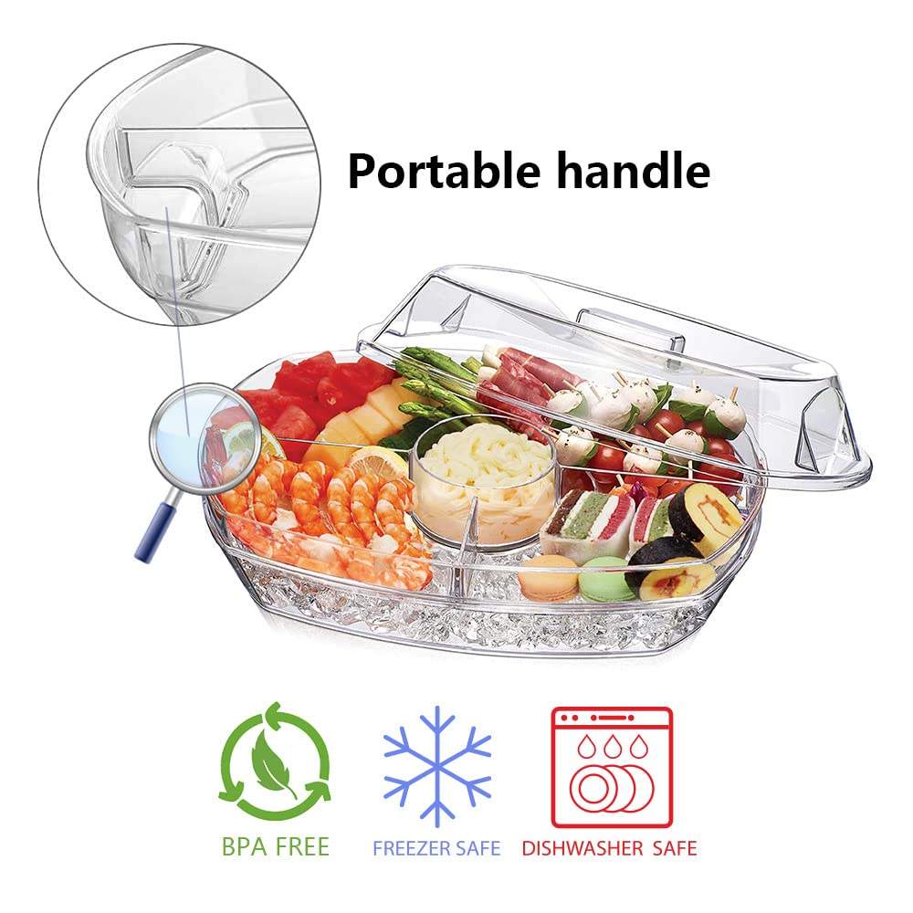 INNOVATIVE LIFE Appetizer Serving Tray on Ice, 15 Inch Party Platter with 4 Ice Cube Tray, Kitchen Chilled Food Bowl with Compartment and Lids for Shrimp, Fruits, Vegetables, Salads, Sushi, Clear