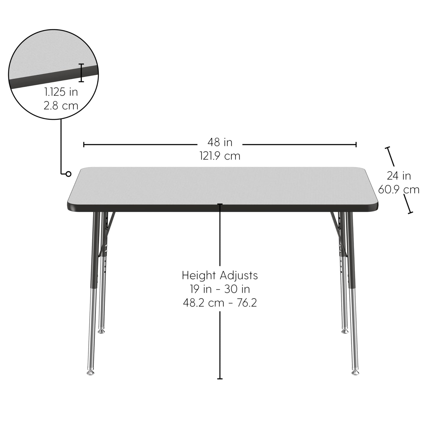 FDP Rectangle Activity School and Office Table (24 x 48 inch), Standard Legs with Swivel Glides, Adjustable Height 19-30 inches; Quick Ship Single Box - Gray Top and Black Edge