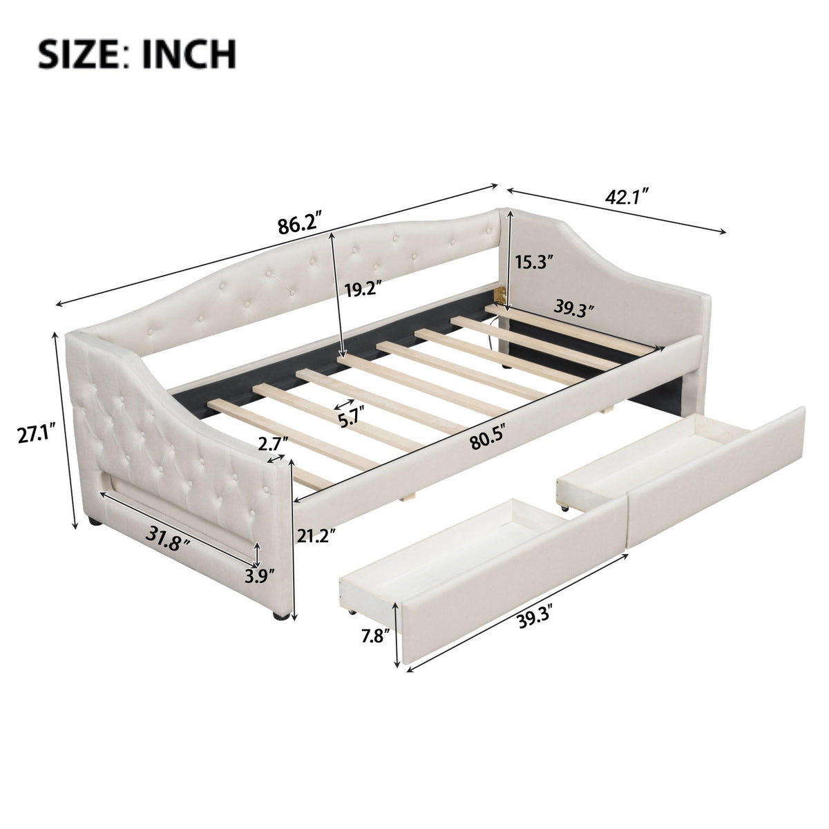 Ball & Cast Twin XL Size Daybed with Storage Drawers and LED Light, Linen Upholstered Day Bed Frame with Solid Wood Slats for Guest Room,Apartment,No Spring Box Needed, Easy Assembly,Beige