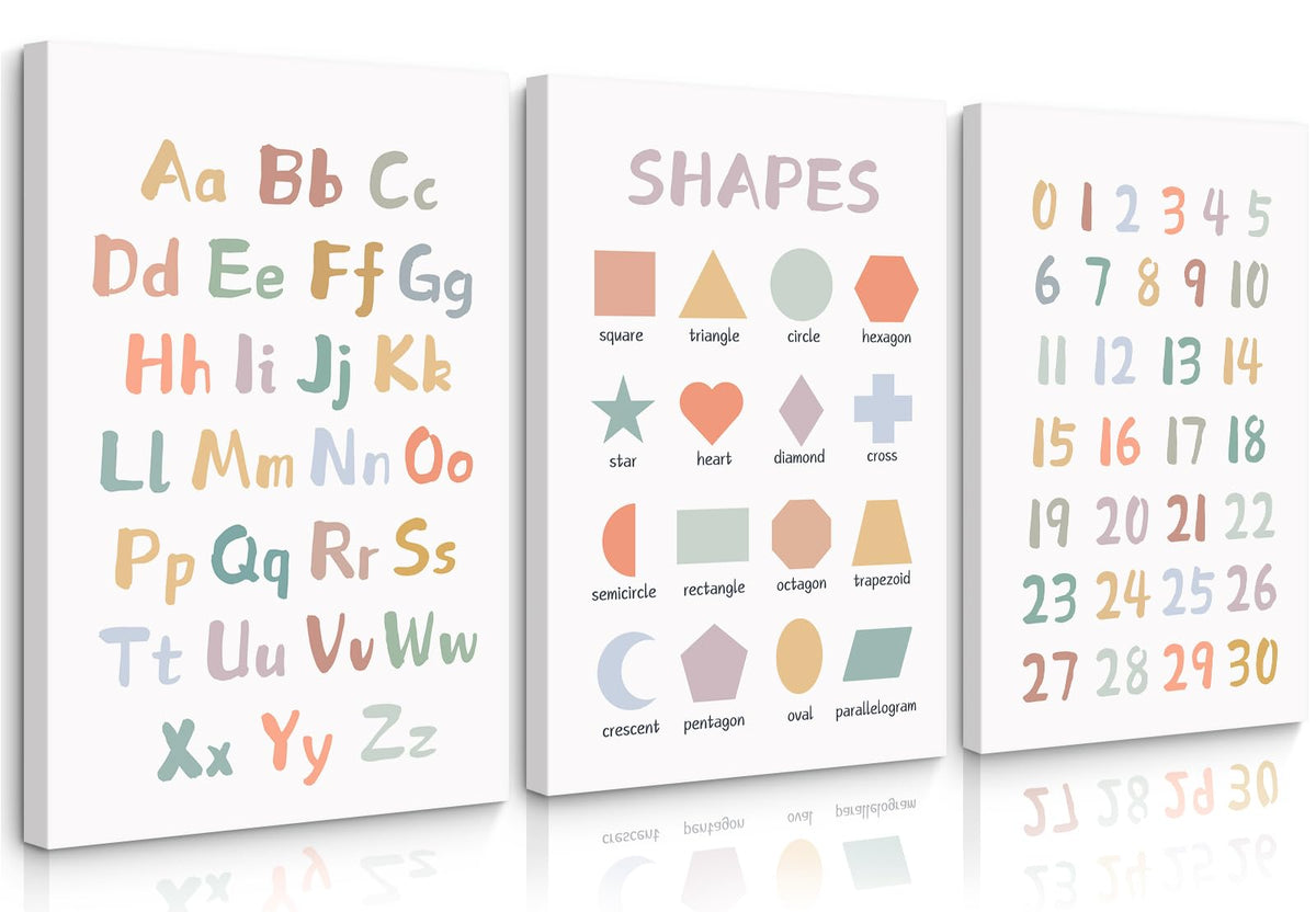 Kids Playroom Wall Art Decor Nursery ABC Alphabet Poster Play Room Canvas Wall Decor Toddler Childrens Educational Artwork Numbers Shapes Prints ABC Picture for Playroom 12x16 Inch Ready to Hang 3Pcs