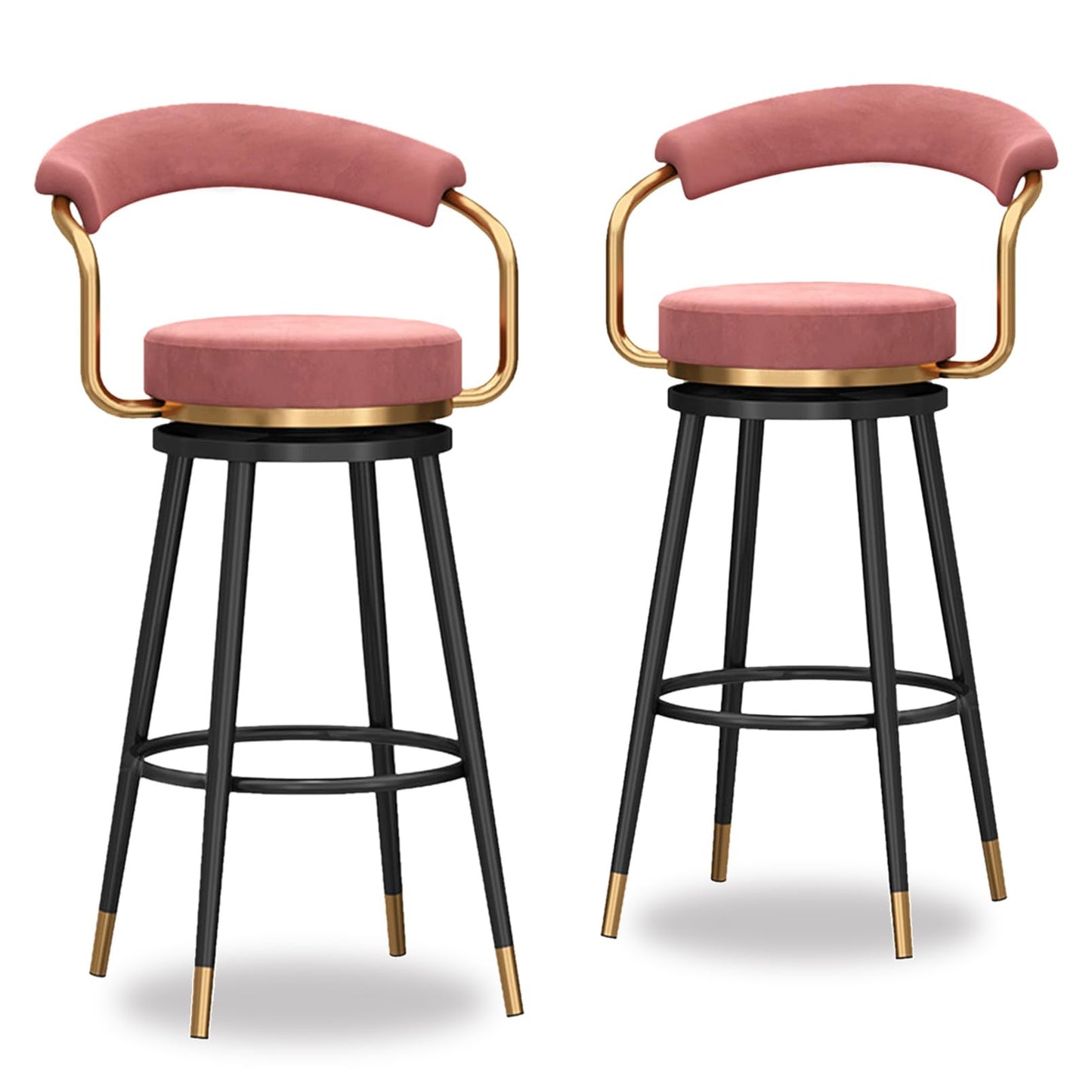 Tall Stools of 2, Height stools with Hollow Back, Velvet Swivel Chairs, Black Metal Legs, Kitchen Island Stools, Seat 65cm, Blue (Pink Seat Height 65cm)