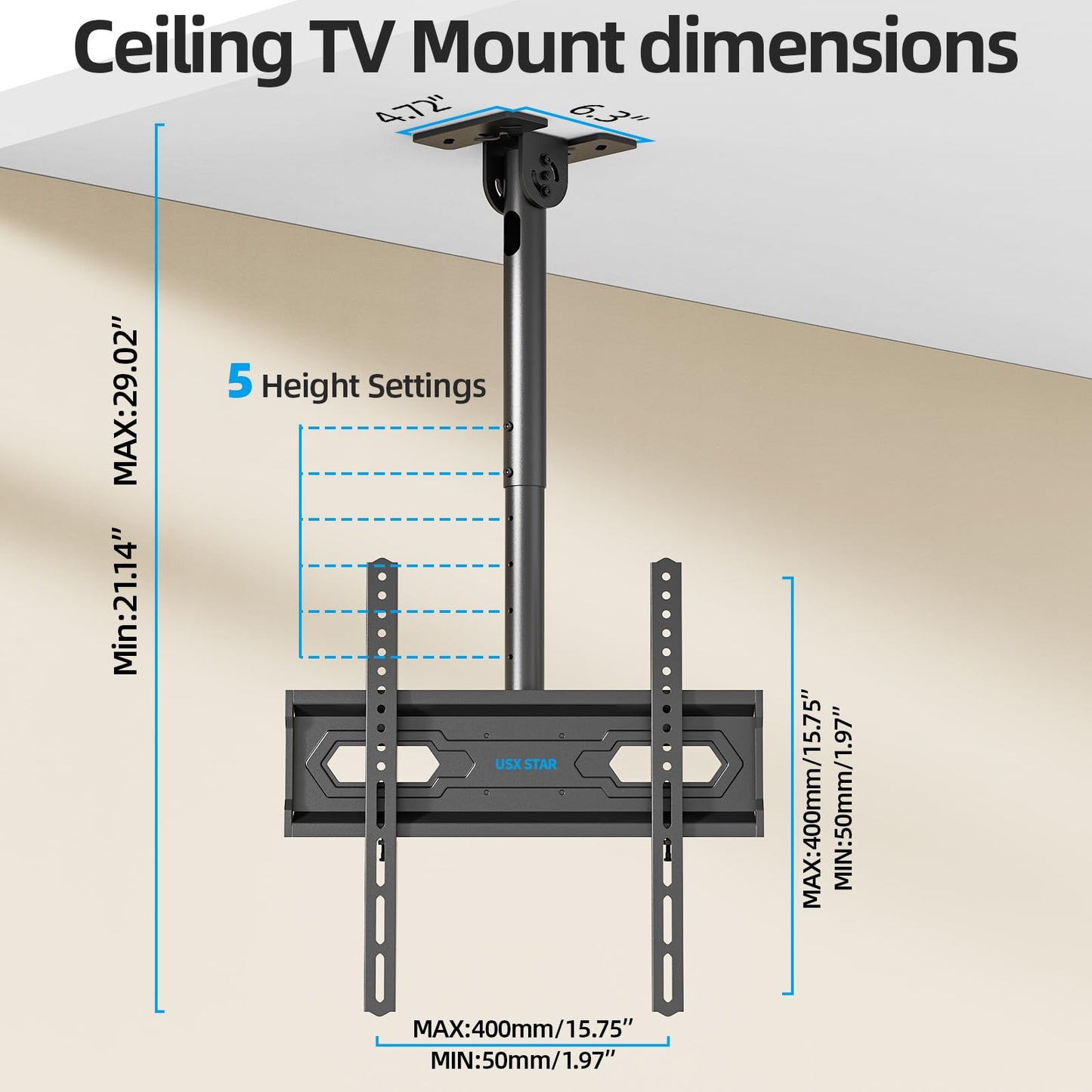 USX STAR Ceiling TV Mount for 26-65 inch TVs, 360° Swivel Full Motion Ceiling Mount TV Bracket, Height Adjustable, Tilt TVs Ceilings Mounts, Supports up to 110 Lbs, Max VESA 400x400mm