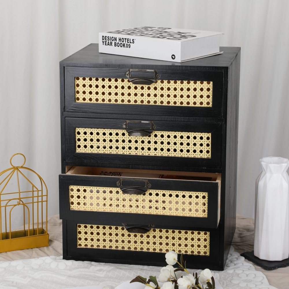 GoooodGIFT Large Wooden Drawer BoHo Desk Organizers Wooden Storage Dox with Drawers Rattan Paper Storage Drawer Wood File Organizer Library Card Catalog Cabinet Apothecary Cabinet (L-BLACK)