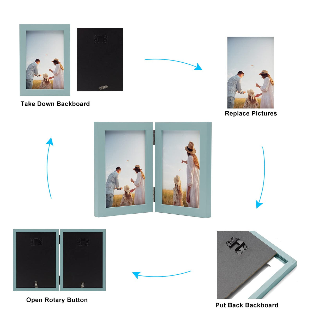 Janreefan Double Vertical & Horizontal 4X6 Picture Frames Hinged Folding Photo Frames in Teal Blue for Wall Hanging or Tabletop Standing, Made of Pine Wood with Real Glass P-S46H64-LAN