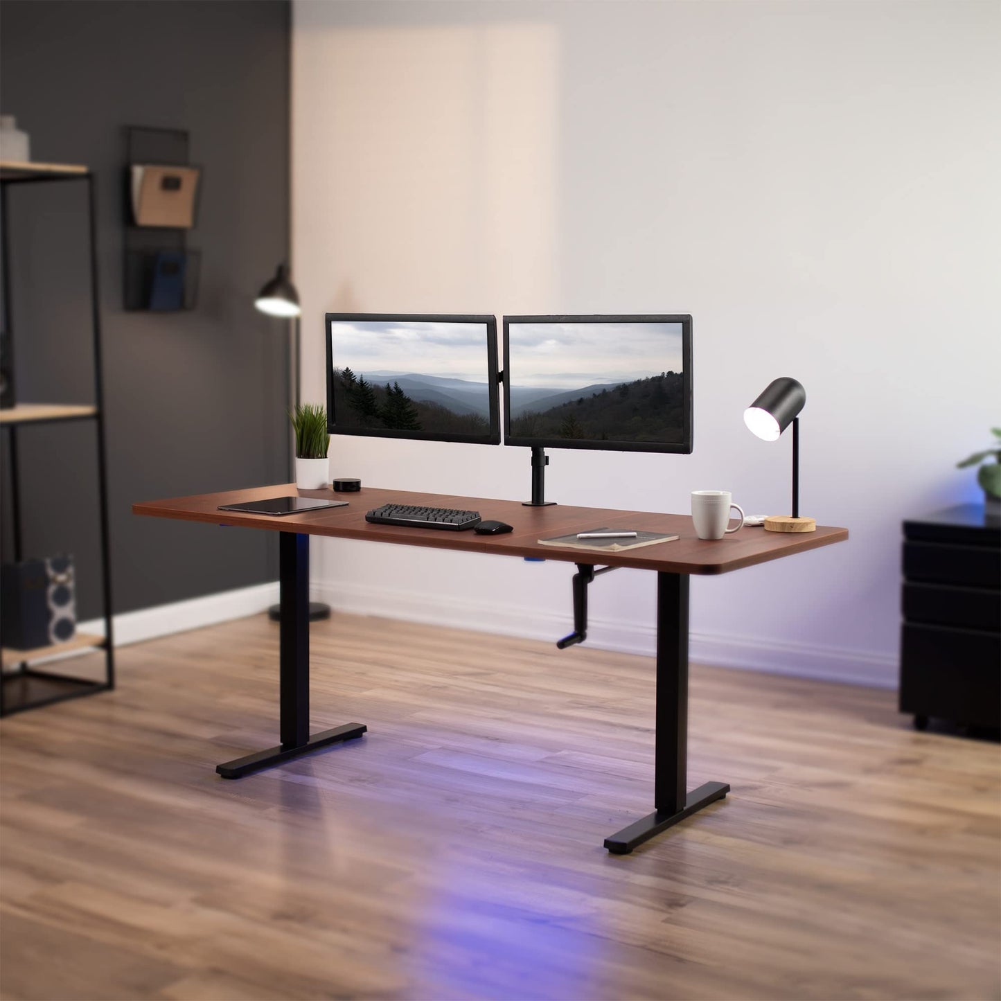 VIVO Manual Height Adjustable 71 x 30 inch Stand Up Desk, Dark Walnut Table Top, Black Frame, Standing Workstation with Foldable Handle, DESK-KIT-MB7D