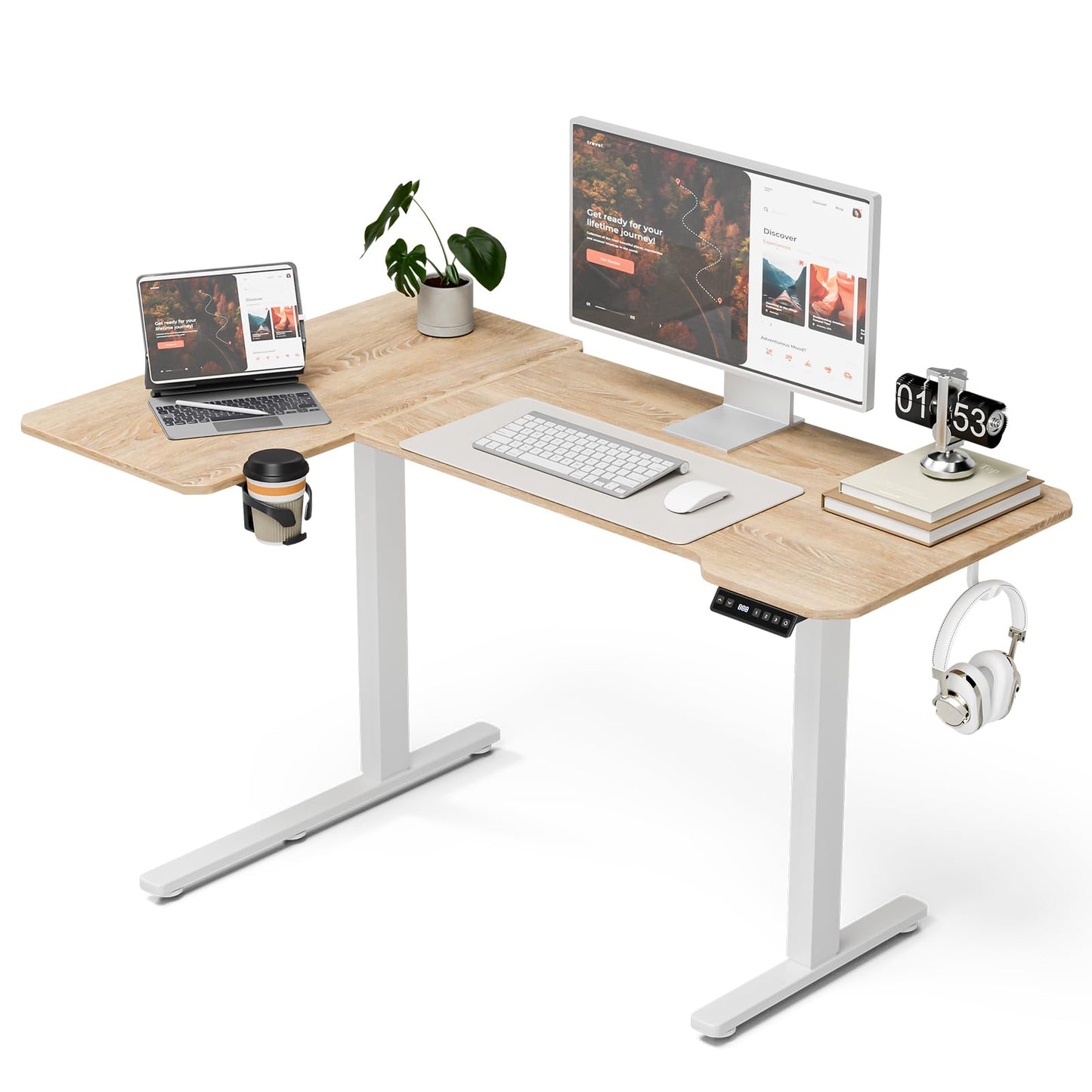 Acrolix L Shaped Electric Standing Desk - 51x31.5 Inch Reversible Corner Sit Stand Desk with Hook&Cup Holder,Electric Height Adjustable Table,for Small Home Office&Bedroom Computer Desk, Oak