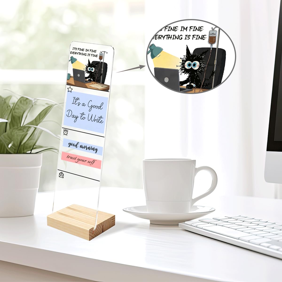 It's Fine I'm Fine Everything is Fine Cat Office Decor Sticky Note Holder, Funny Office Monitor Memo Board Decorations for Shelf Desk Accessories Black Cat Gifts