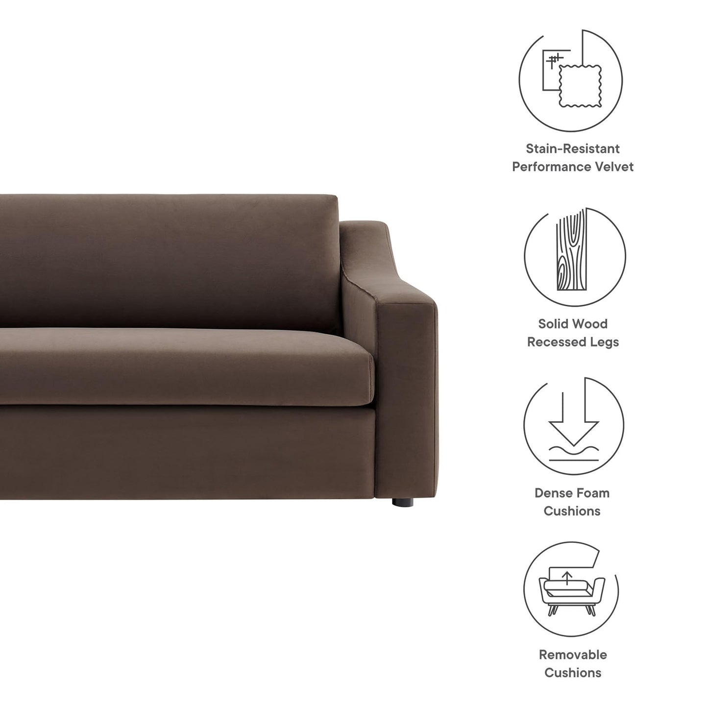 Modway Liora 87 Inch Stain-Resistant Performance Velvet Sofa in Chocolate Brown - 3 Seater Upholstered Sofa Couch for Living Room Seating - Comfy Deep Seat Sofa with Scoop Arms