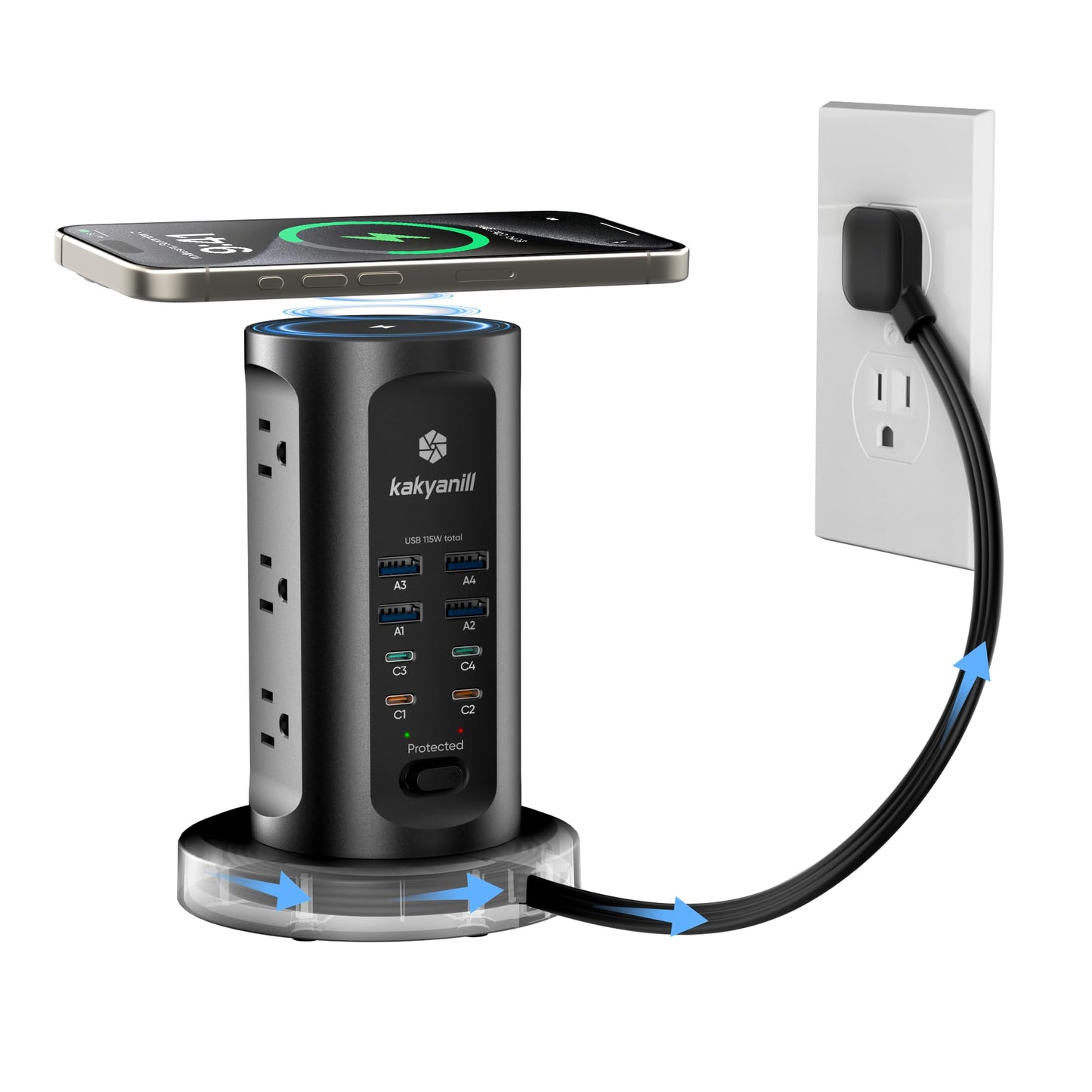Kakyanill 115W USB Charging Station, Power Strip Tower, 9 AC Outlets with 8 USB Ports(4 USB-C), 6Ft Flat Plug Retractable Extension Cord, for Home Office Dorm, Black