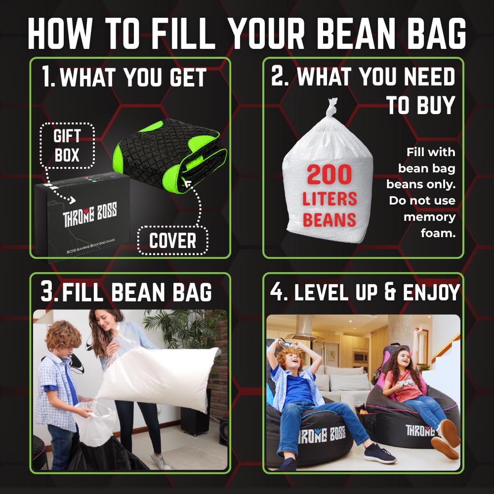 Throne Boss Gaming Bean Bag Chair Cover for Kids with High Back, Green – Gamer chair for kids with 2 x Large Side Pockets, Headphone Hanger, Easy to Clean Fabric, requires 200 Liters Polystyrene Beans