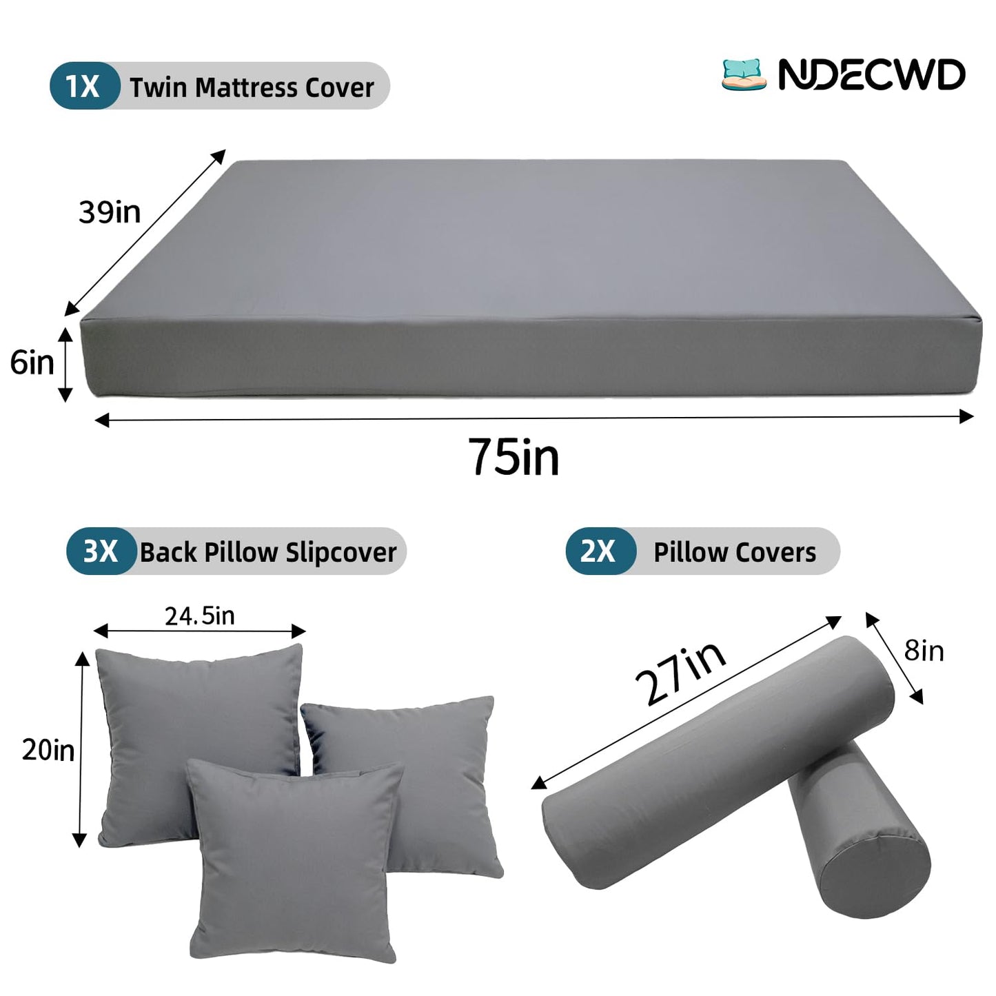 Twin Size Daybed Cushion Cover, Water-Repellent Porch Swing Mattress Cover (Fits 6" Depth), Heavy-Duty UV Resistant Patio Bed Protector with U-Shaped Zipper, Cover Only (Light Grey, 75 * 39 * 6in)
