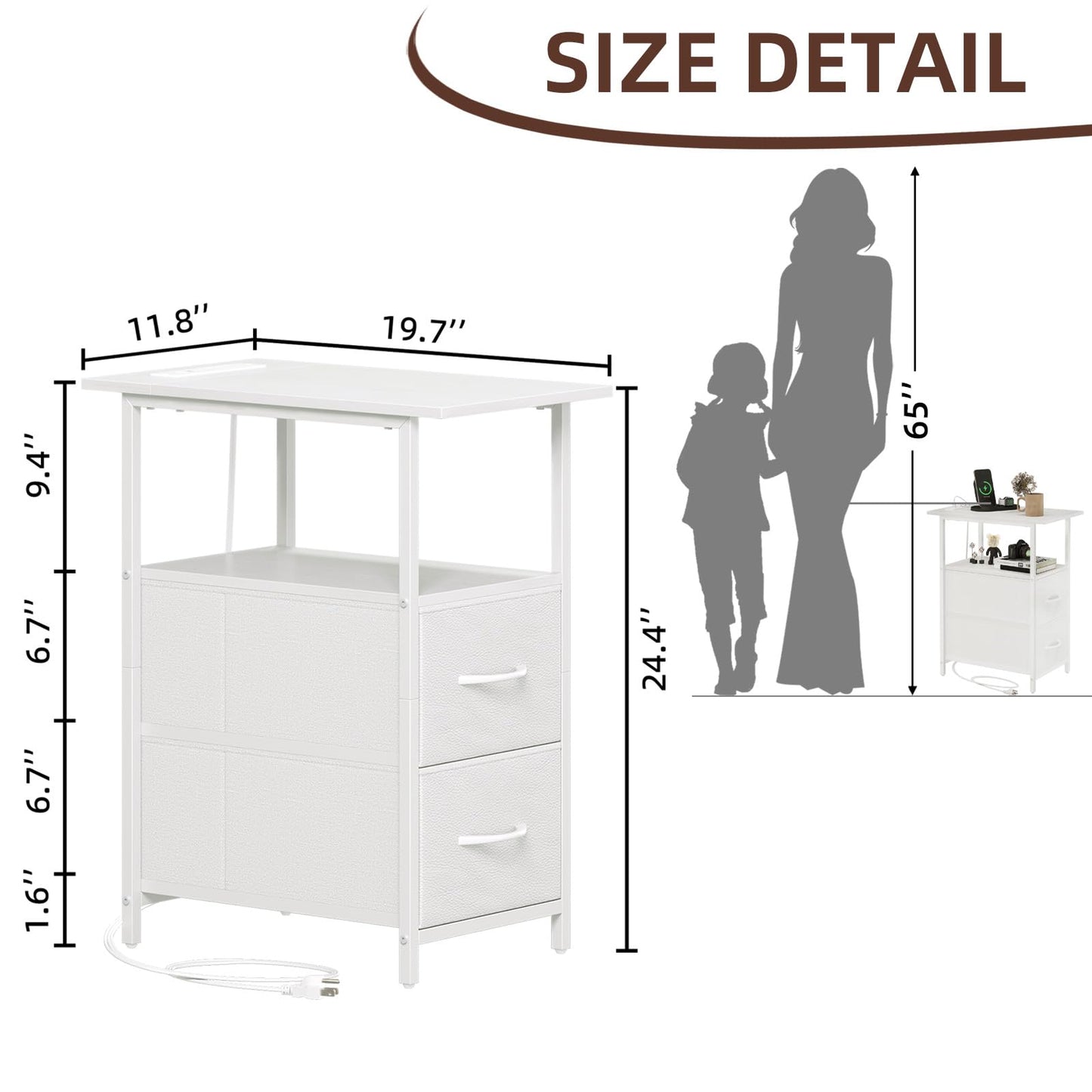 Somdot End Table with Charging Station, Narrow Side Table with 2 Fabric Drawers, Skinny Nightstand with Storage, Small Slim Bedside Table for Living Room, Sofa, Bedroom, Couch, White Leather
