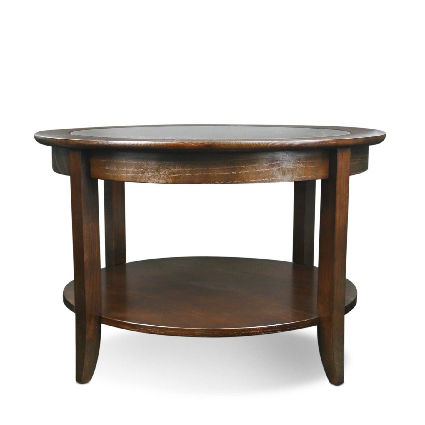 Leick Home Sheldon Coffee Table, Solid Wood, Round, with Glass Top and Shelf, Chocolate Oak, 10037