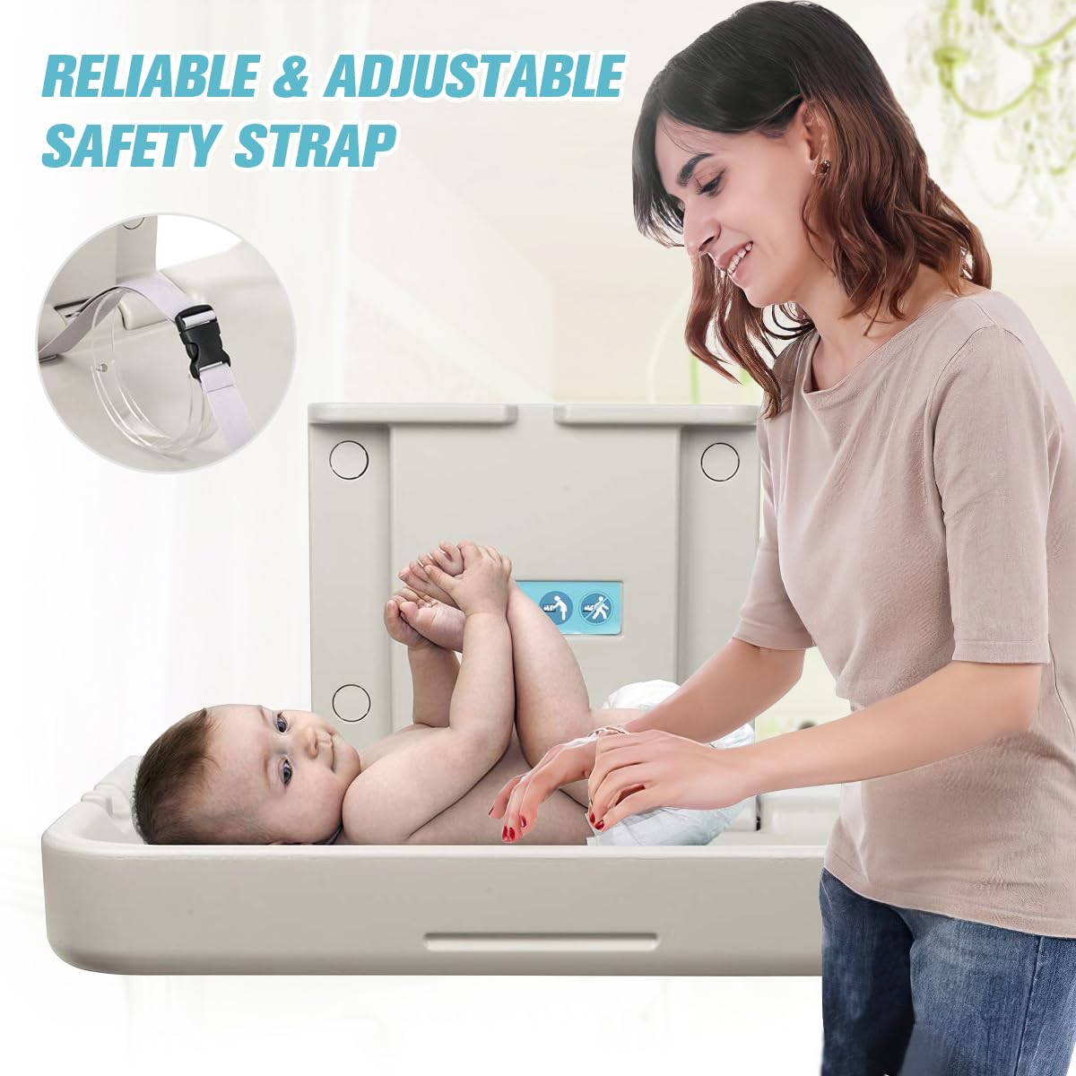 Modundry Wall Mounted Baby Changing Station - Horizontal Baby Changing Table Foldable Diaper Tables with Safety Strap for Commercial Bathroom，White Granite