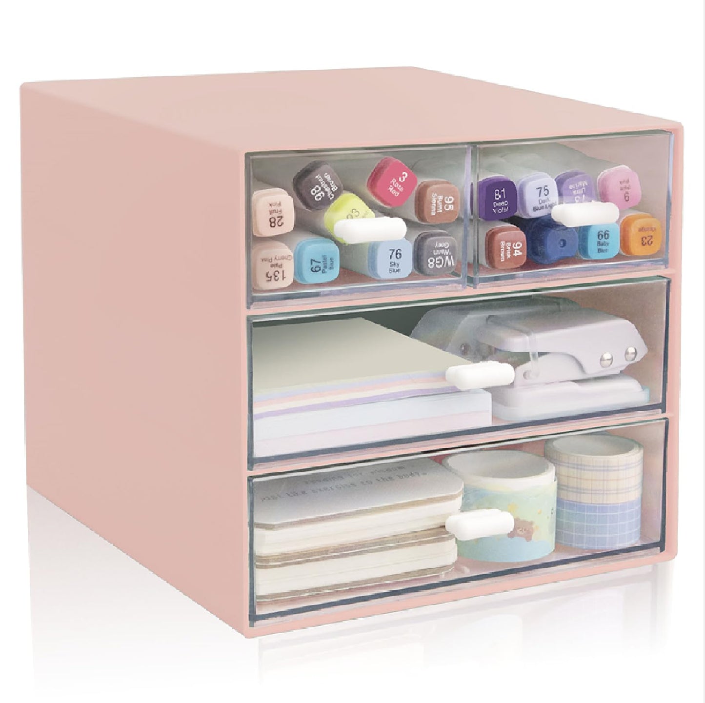 Zyners Desk Organizer with Drawer, Office Organizer with 4 Drawers, Desk Storage Box for, Desktop, Dressing table, Office, School, Home, Plastic Box and 4 Acrylic Drawers(Pink)