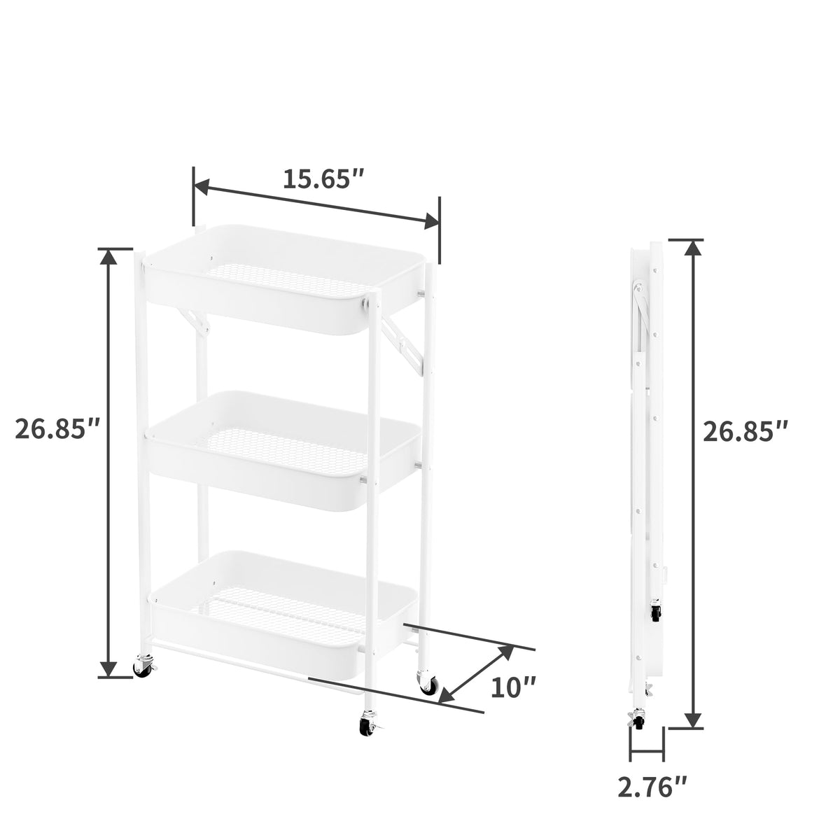 JAQ No Assembly Required Rolling Cart, 3-Tier Foldable Utility Cart for Under Desk, 26.8" Height Metal Storage Cart with Wheels, 10" Narrow Small Space Organizer for Office, Kitchen, White