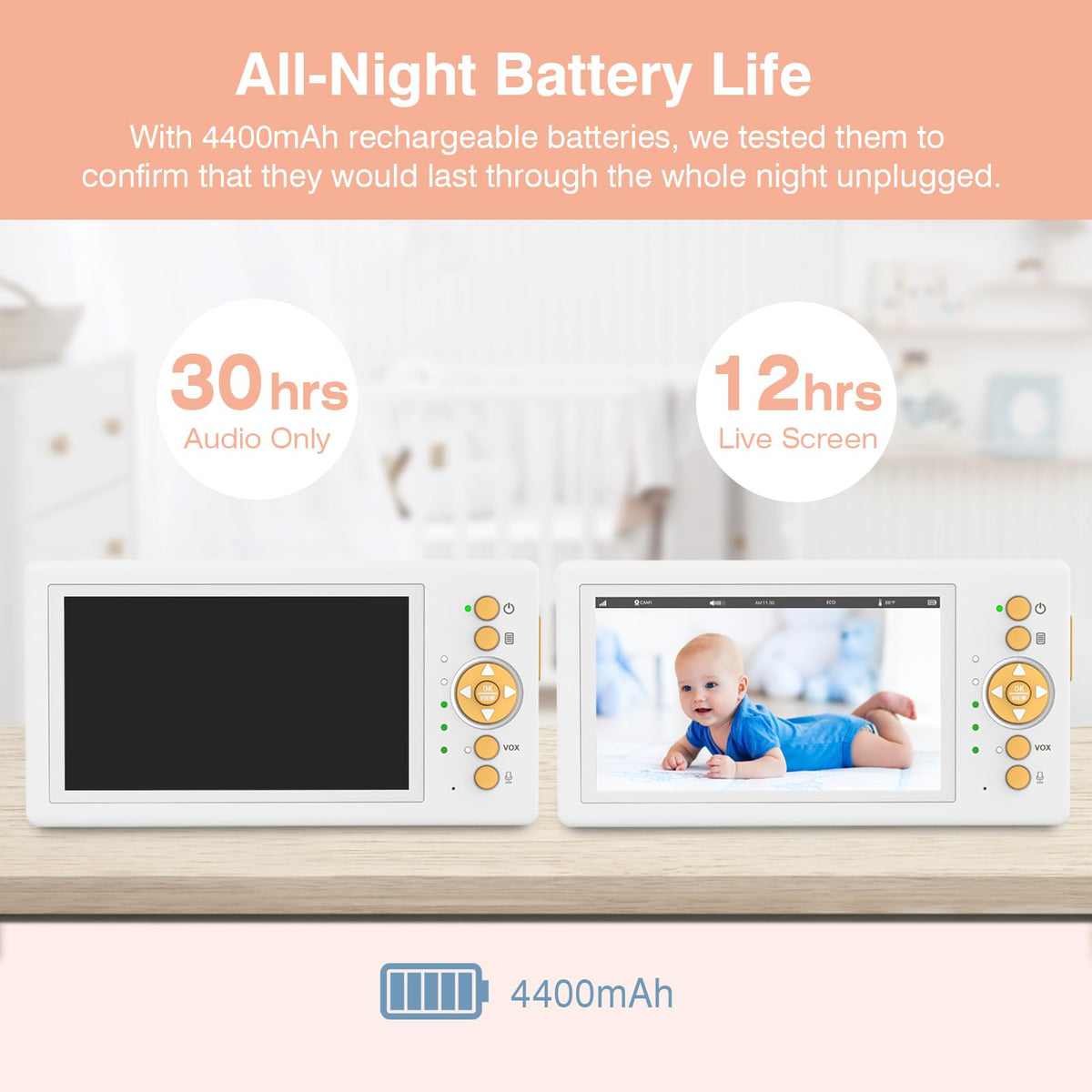JouSecu Baby Monitor No WiFi, 5" 720P HD Screen Baby Monitor with Camera and Audio with 30hrs Long Battery Life, Baby Camera Monitor Two-Way Talk, VOX, Infrared Night Vision, Temperature Monitoring