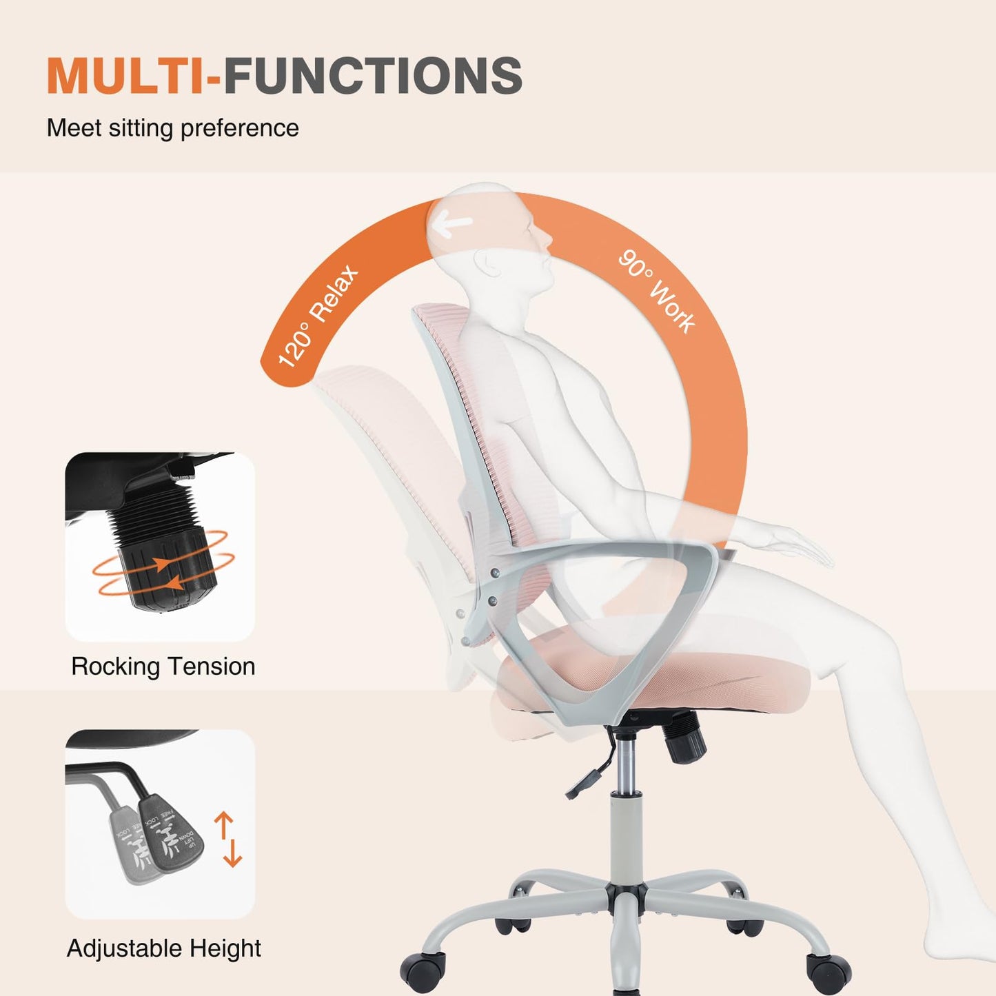 Sweetcrispy Ergonomic Mid-Back Mesh Home Office Desk Chair with Wheels, Managerial Executive Chair with Lumbar Support, and Comfortable Armrests for Home, Bedroom, Study, Office, Pink