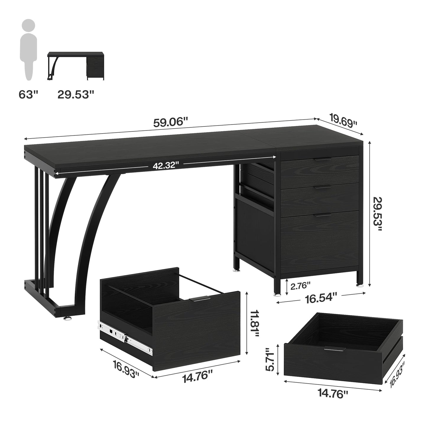 Tribesigns Computer Desk with 3 Drawers, 59-Inch PC Desk with Reversible Drawers, Industrial Study Writing Table Workstation with File Storage for Home Office (Black)