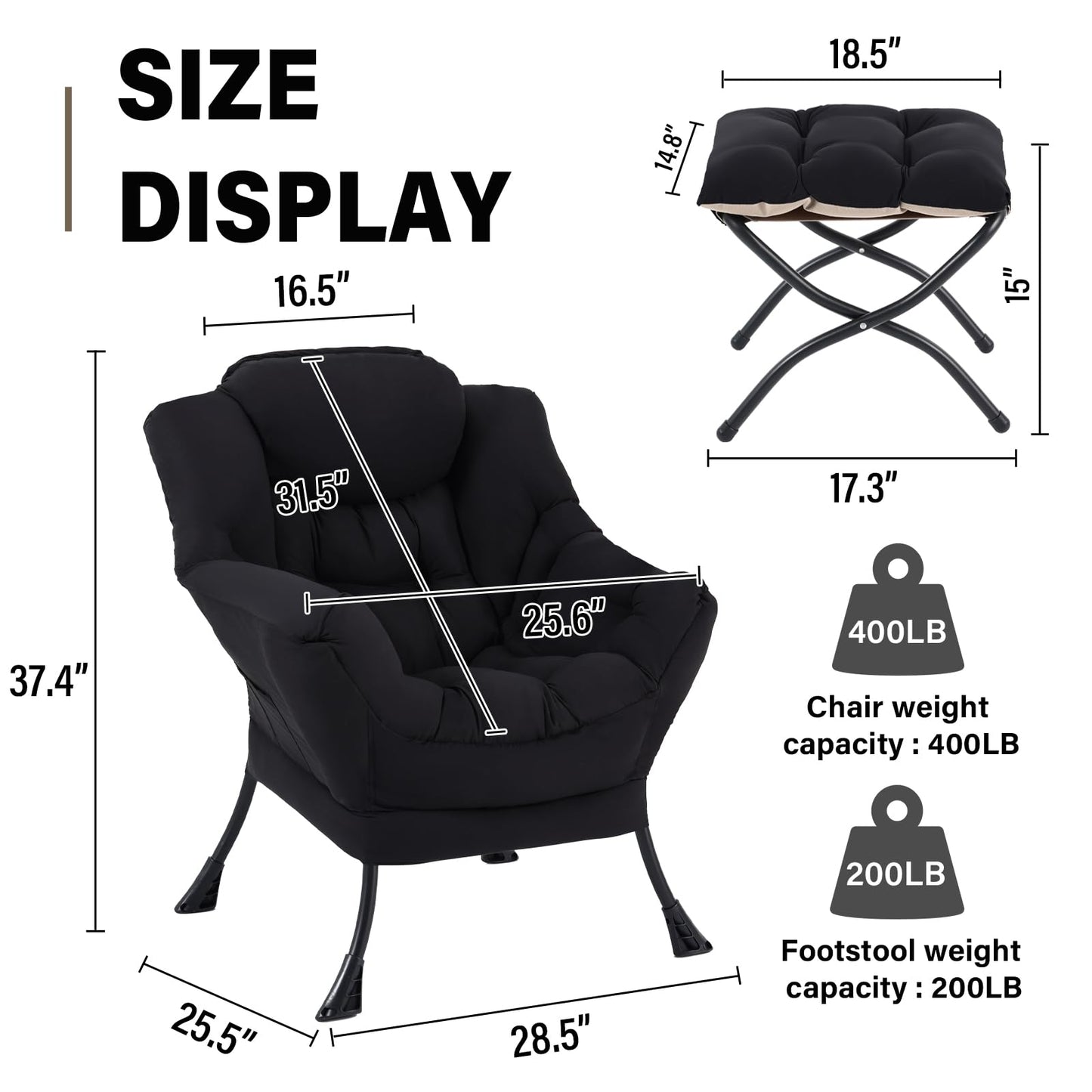 SESHINELL Lazy Chair with Ottoman, Modern Accent Chair Contemporary Lounge Leisure Sofa Chair with Armrests, Reading Chair and Folding Footstool Set for Living Room, Bedroom, Office, Black