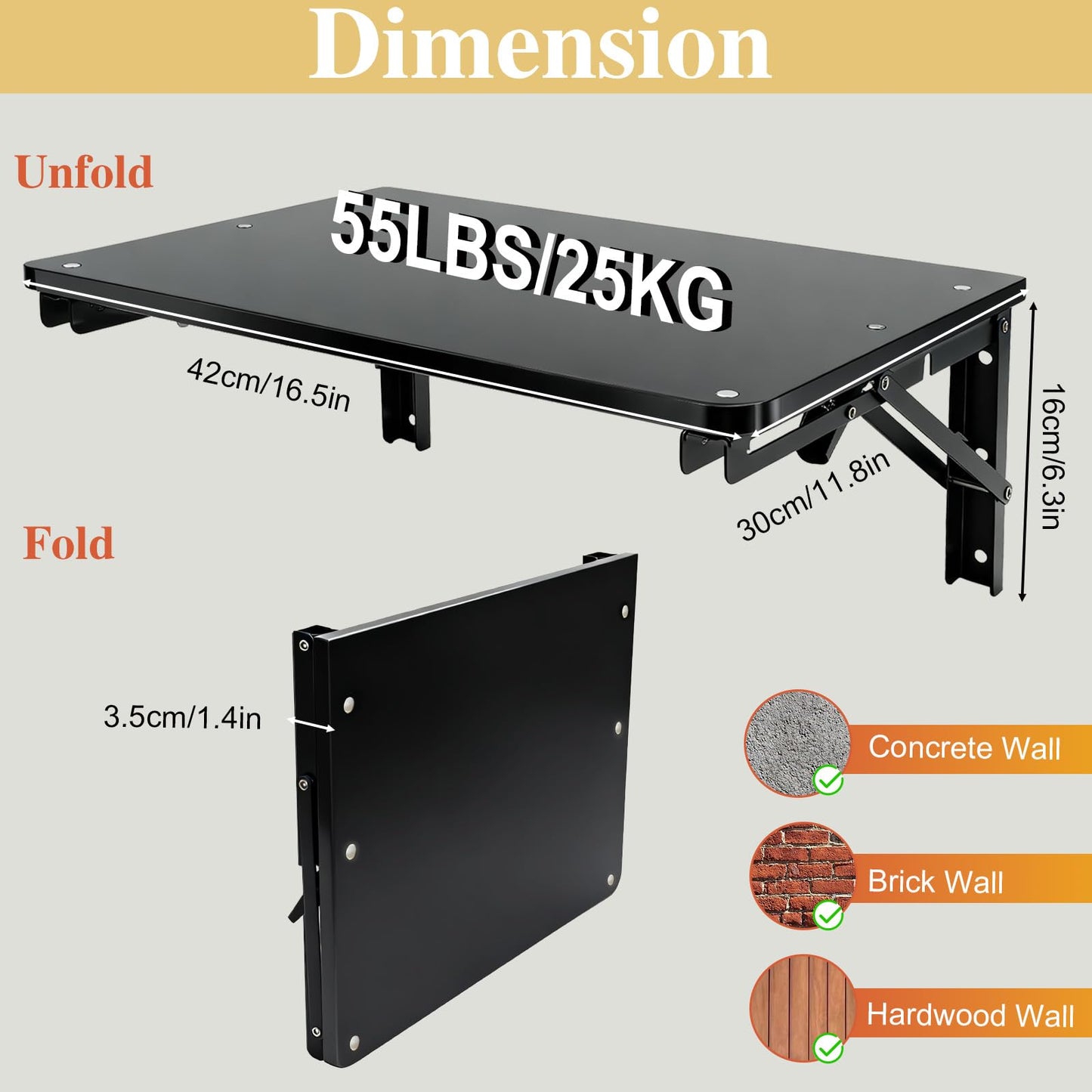 IDUNSEED Folding Shelf Wall Mounted for Small Space, Black Wall Table for Living Room Bedroom Decor, Home Office Floating Fold Down Desk, Media Shelves with Heavy, 16.5"*11.8"