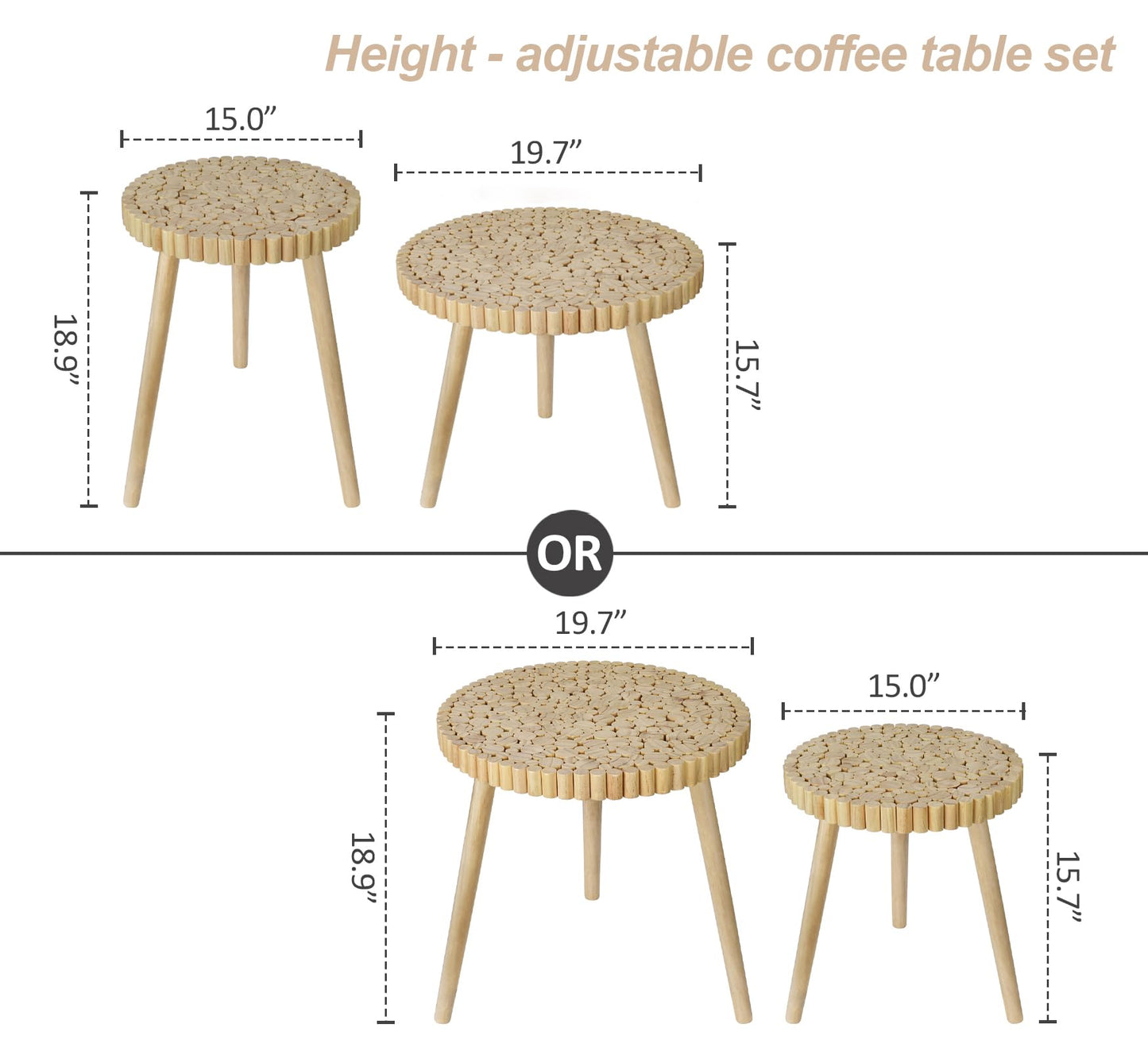 Round Coffee Table Set of 2, Farmhouse Nesting Coffee Table, Small Circle Wood Coffee Table, Mid Century Modern Nightstand, Boho Patio Side Table End Tables for Living Room Bedroom Balcony Outdoor