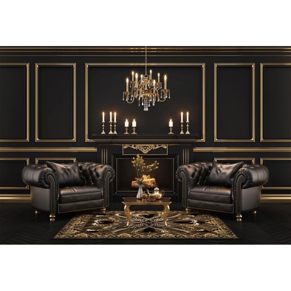 Laeacco 8x6ft Classic Interior Backdrop Black Wall Sofa Luxury Reception Room Interior Photography Background Business Office Studyroom Living Room Wallpaper Kids Adults Portrait Photo Booth Props