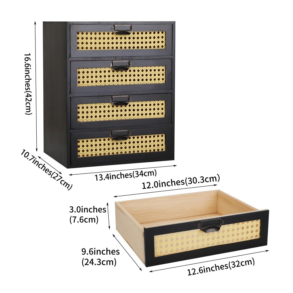 GoooodGIFT Large Wooden Drawer BoHo Desk Organizers Wooden Storage Dox with Drawers Rattan Paper Storage Drawer Wood File Organizer Library Card Catalog Cabinet Apothecary Cabinet (L-BLACK)