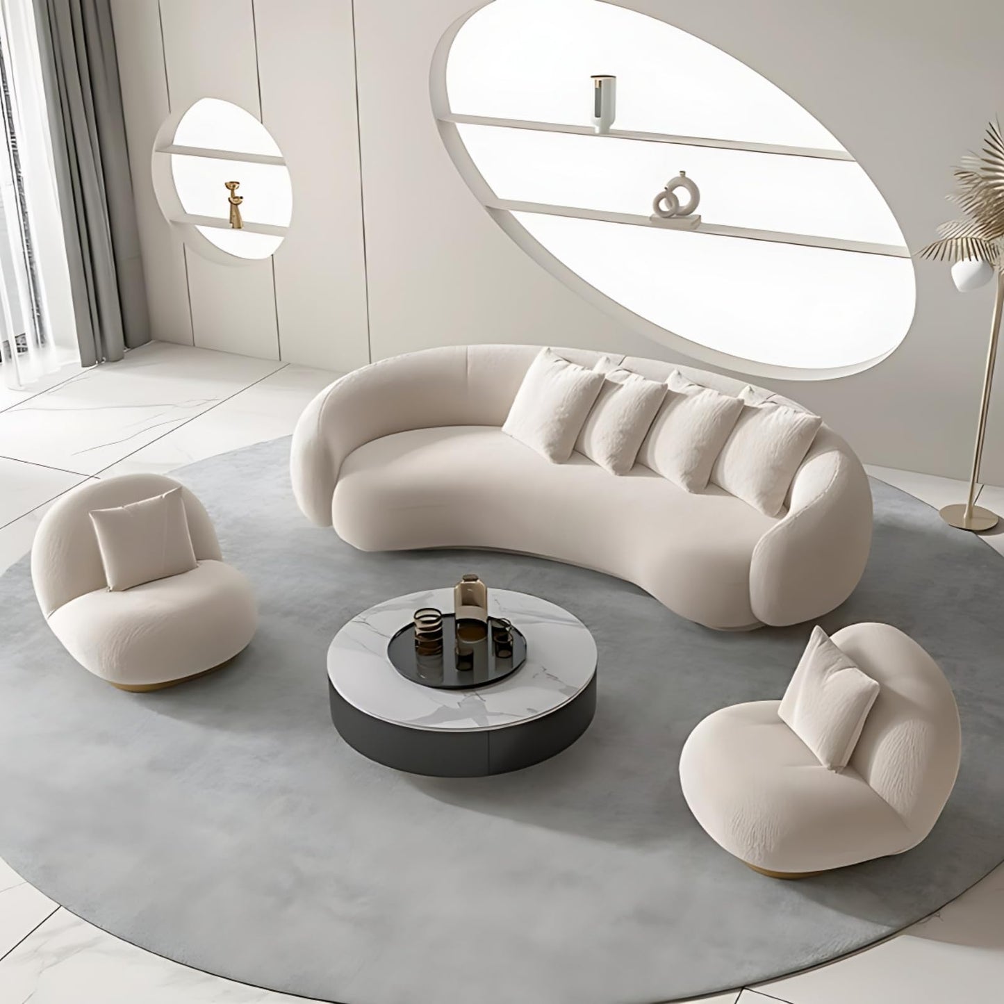 70.8IN Cream Style Living Room Sofa - Round Arc Designed Sofa Set, Modern Modular Sectional Sofa | Equipped with Slab Stone Coffee Table & 2 Compartment Sofa Chairs (Style B)