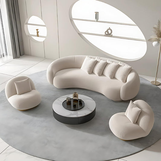70.8IN Cream Style Living Room Sofa - Round Arc Designed Sofa Set, Modern Modular Sectional Sofa | Equipped with Slab Stone Coffee Table & 2 Compartment Sofa Chairs (Style B)
