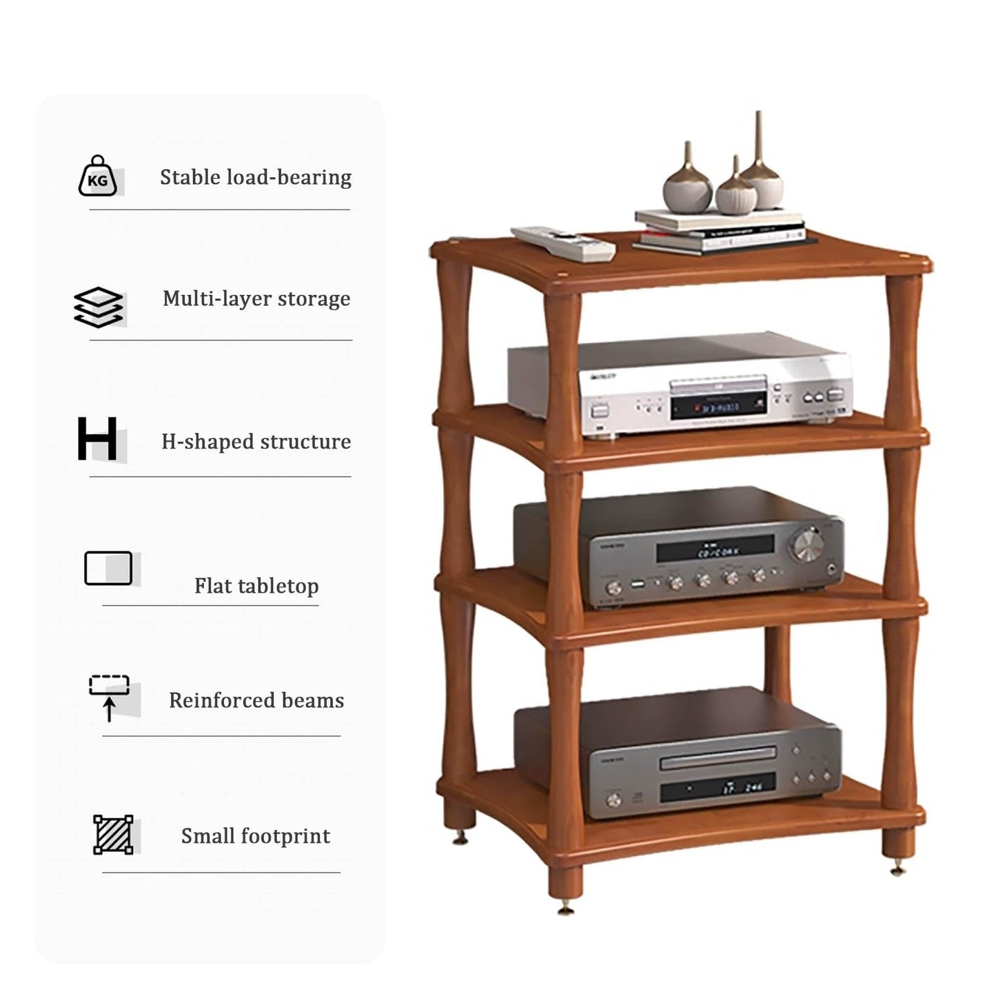 AV Media Stand, Solid Wood Audio Rack, Media Storage Shelf with Copper Shock-Absorbing Foot Nails, Stereo Rack Sound Tower, for Home, Office, Theater(Brown,3 Tier 60x48x64C