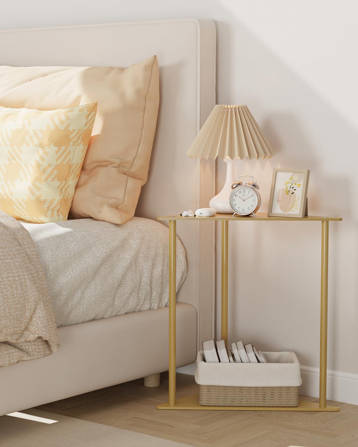 Yawinhe Metal Side Tables Set of 2,Small End Table with Storage Shelves,2-Tier Nightstand Bedside Table for Small Spaces,Modern Triangle Coffee Table for Living Rooms,Bedrooms,Golden,SZJ202J-2