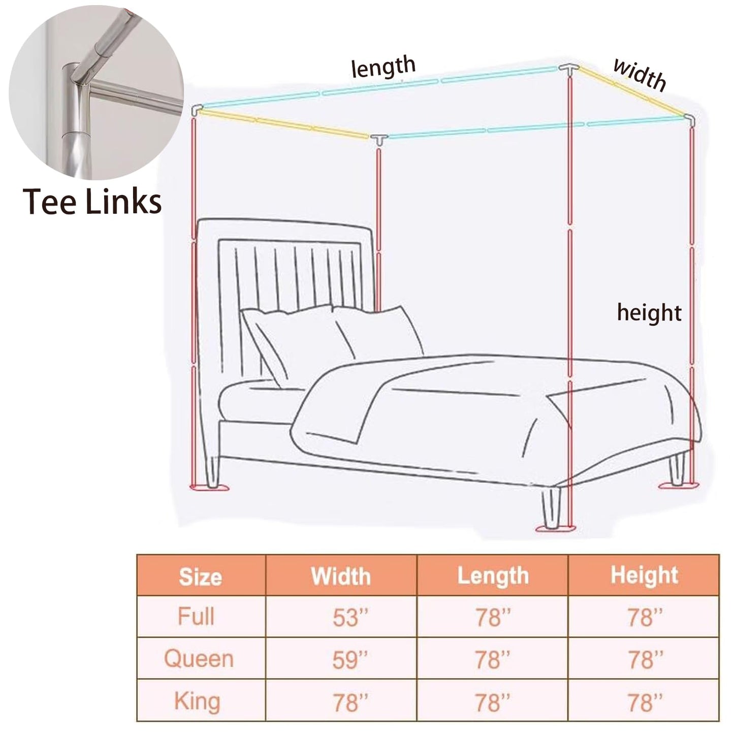 VELSKUD Canopy Bed Frame, Stainless Steel Bed Canopy with 4 Corner Canopy Poles