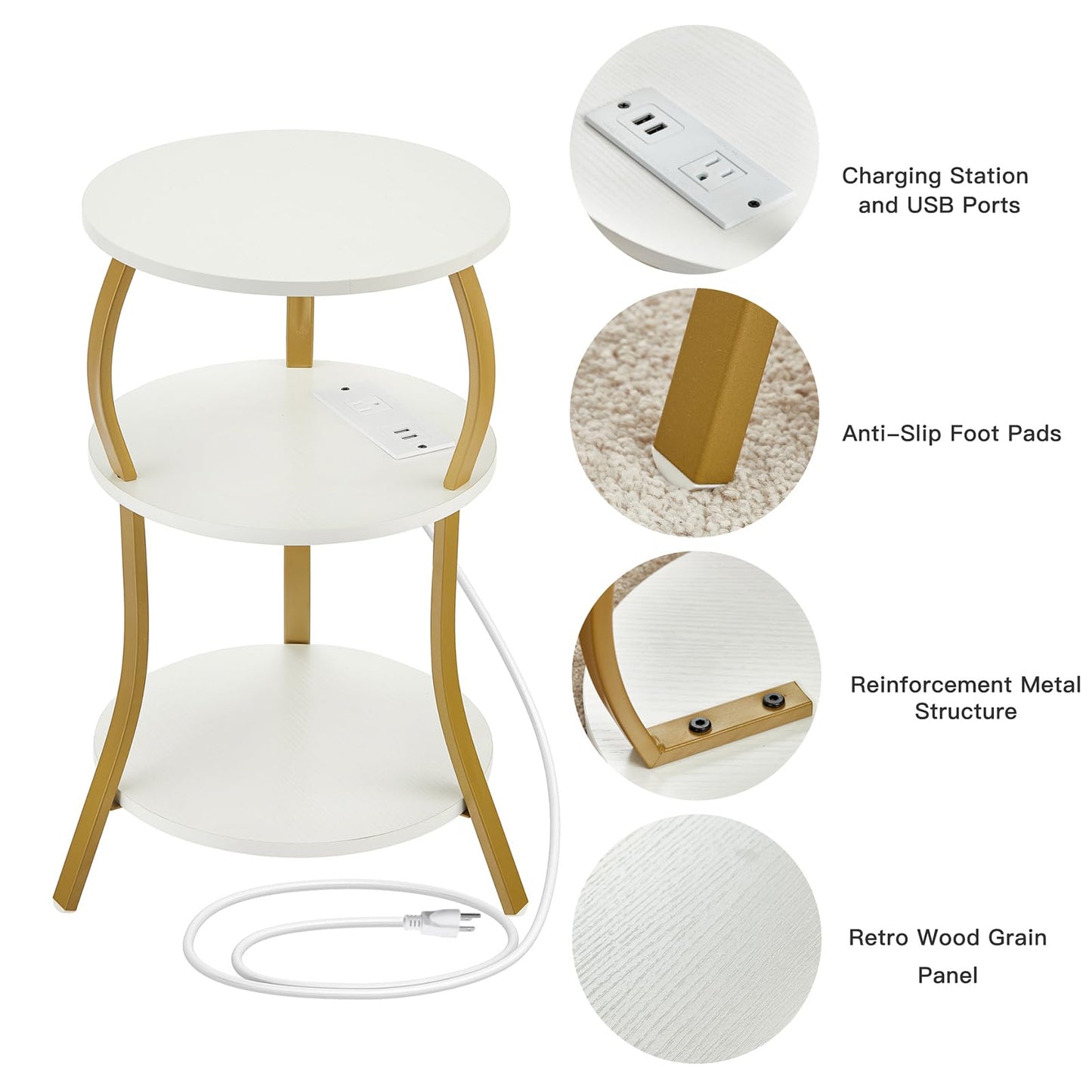 Small Round Side Table with Charging Station, 3-Tier Waist Circular End Table with Storage Shelf, Compact Tea Sofa Side Table Small Spaces, Round Corner Coffee Table for Living Room Bedroon,White+Gold