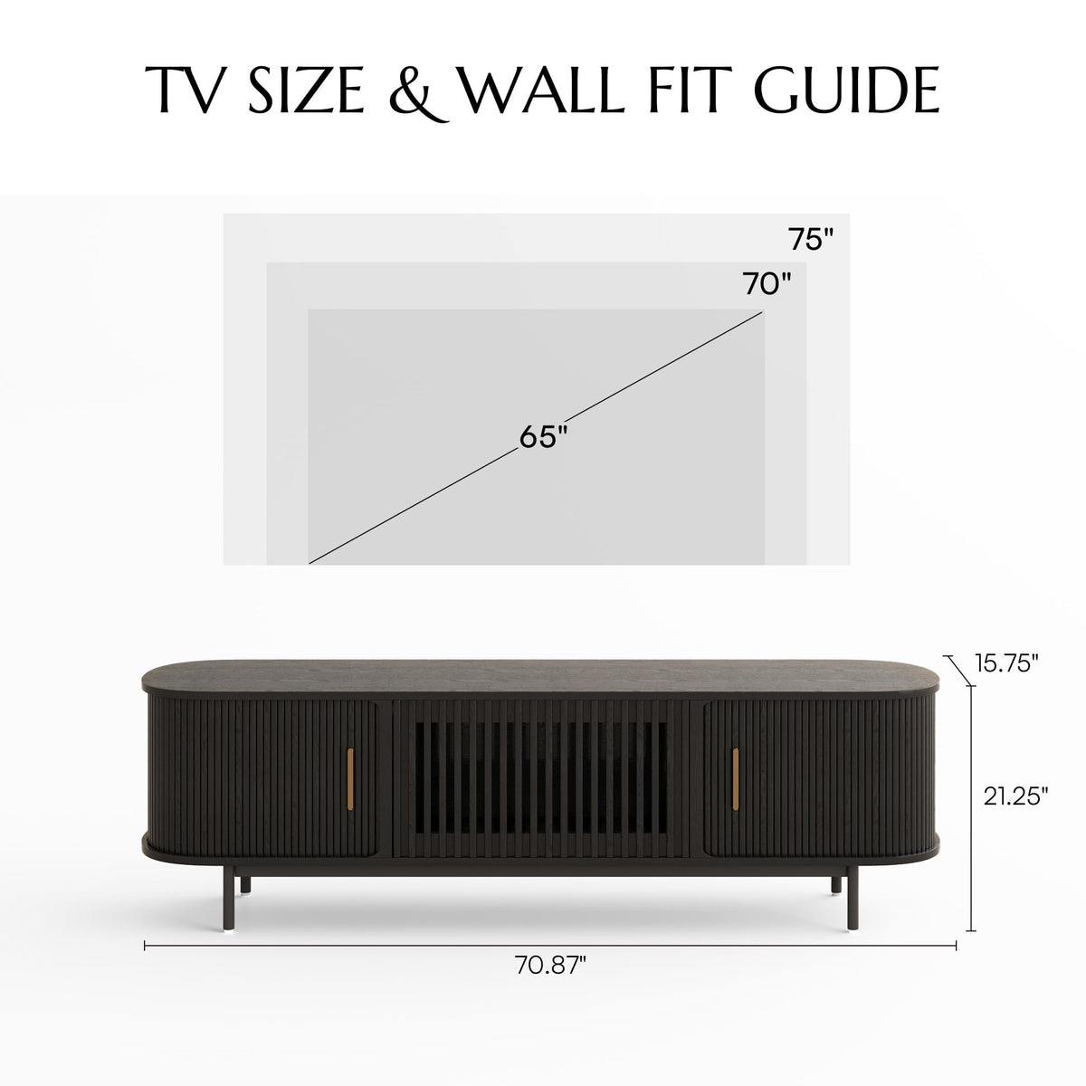 POVISON Fully-Assembled Mid Century Modern TV Stand for 65 inch TV, Sliding Door Entertainment Center with Storage, Wood TV Console, Media Console for Living Room Bedroom(Black, 70.87")