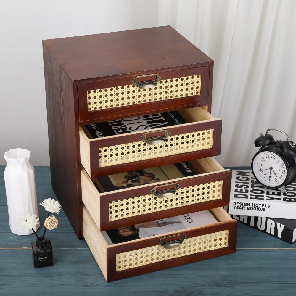 GoooodGift Large Wooden Storage Box with Drawers (Boho Apothecary Cabinet, Rattan Frame, Brown)