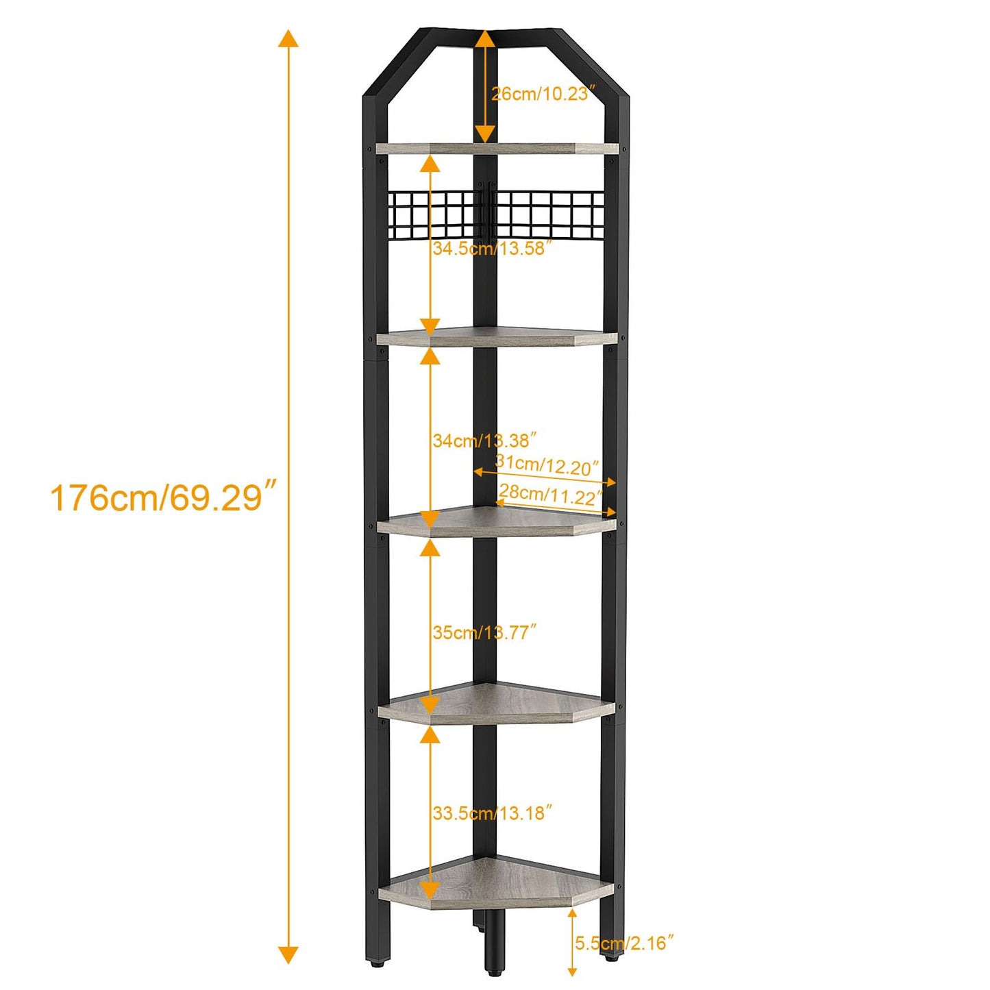 YMYNY 5-Tier Corner Shelf, Freestanding Corner Bookcase with 6 Wooden Clips and 6 S-Hooks, Multi Display Shelf Rack for Living Room, Bathroom, Bedroom, Small Space, Silver Gray, 69" H, UHBR006Y