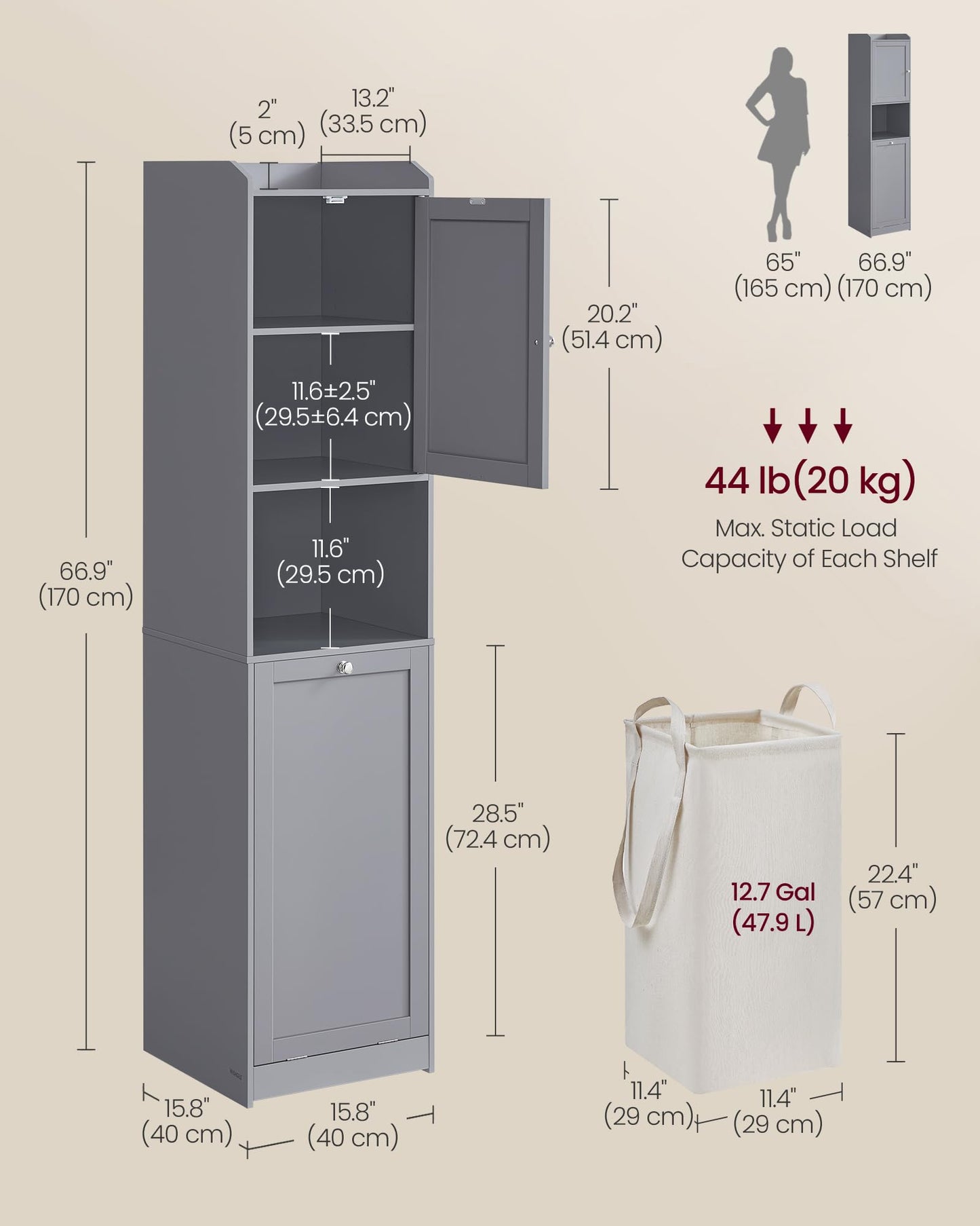 VASAGLE Tall Storage Cabinet, Storage Unit with Removable Laundry Basket, Compartment and Cabinet, for Bathroom, Living Room, 15.8 x 15.8 x 66.9 Inches, Dove Gray UBBC761G02