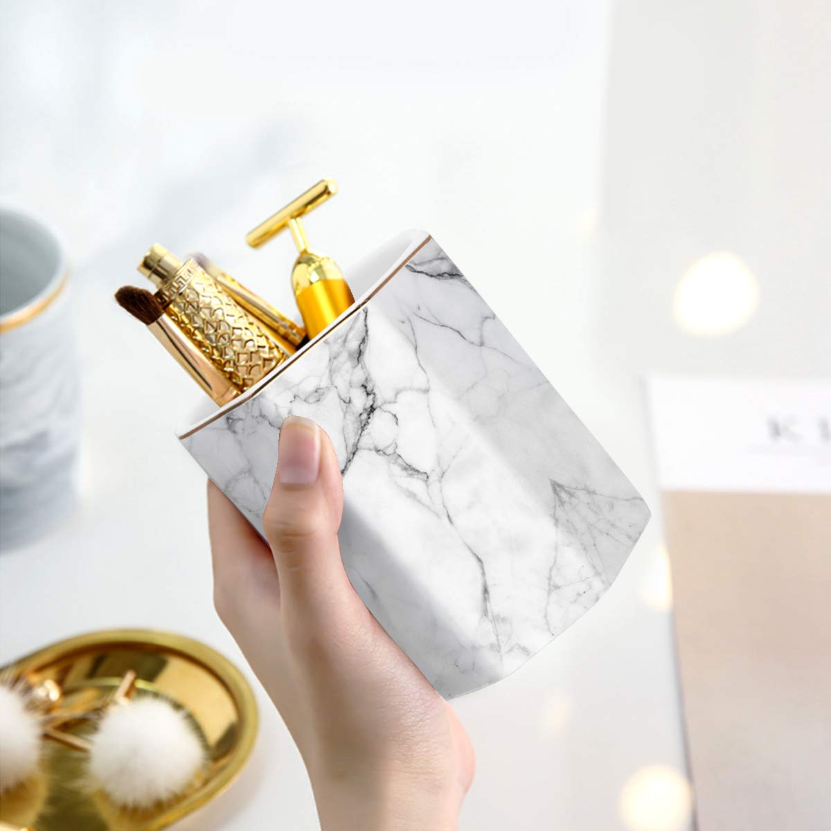 WAVEYU Pen Holder, Stand for Desk Pencil Cup for Girls Kids Durable Ceramic Desk Organizer Makeup Brush Holder for Office, Classroom, Home, White Marble