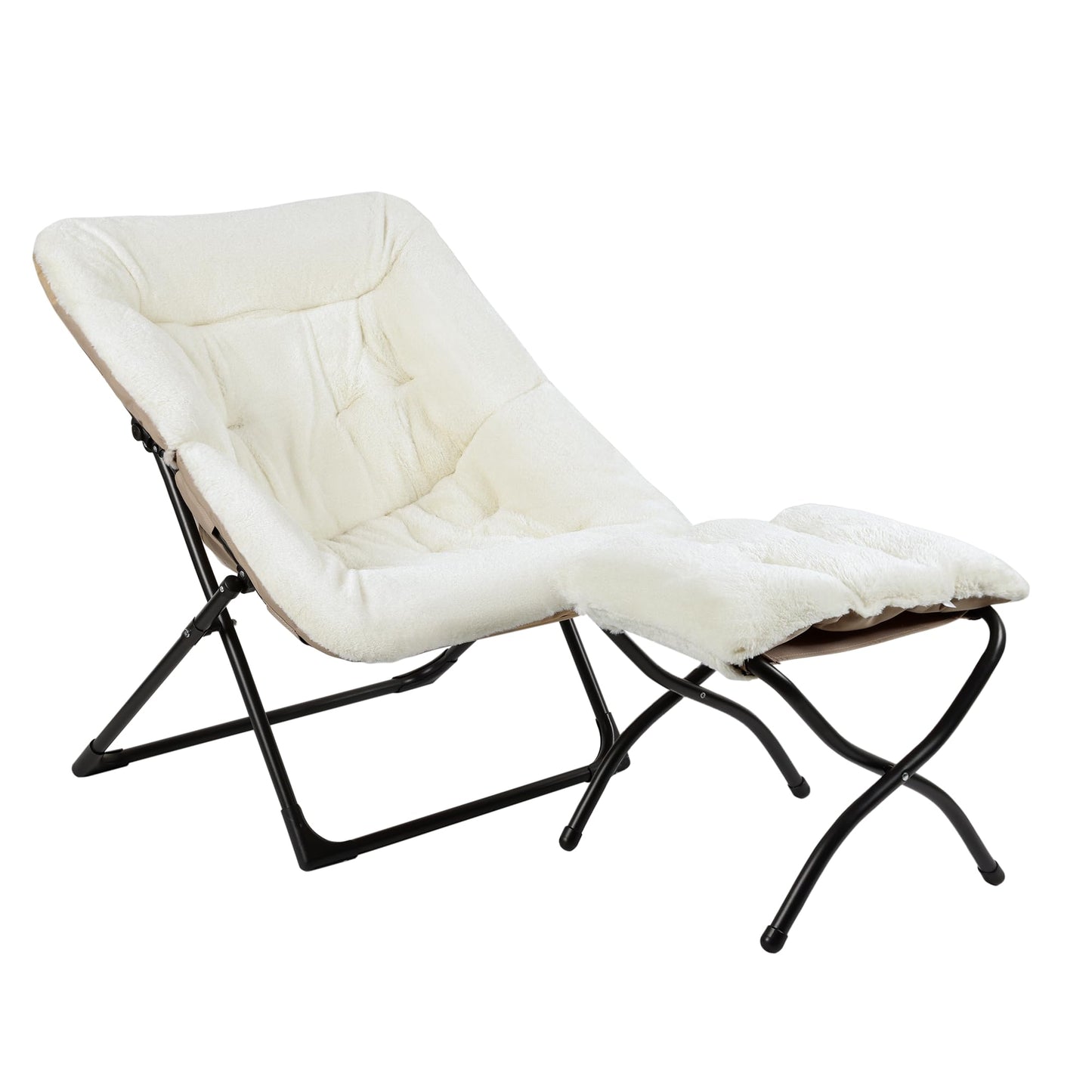 Mordchil HF Comfy Saucer Chair for Adults, Soft Faux Fur Bedroom Chair with Ottoman, Accent Dorm Chairs, Living Room Reading Chairs and Footstool, Folding Seat for Teens, X-Large, Beige
