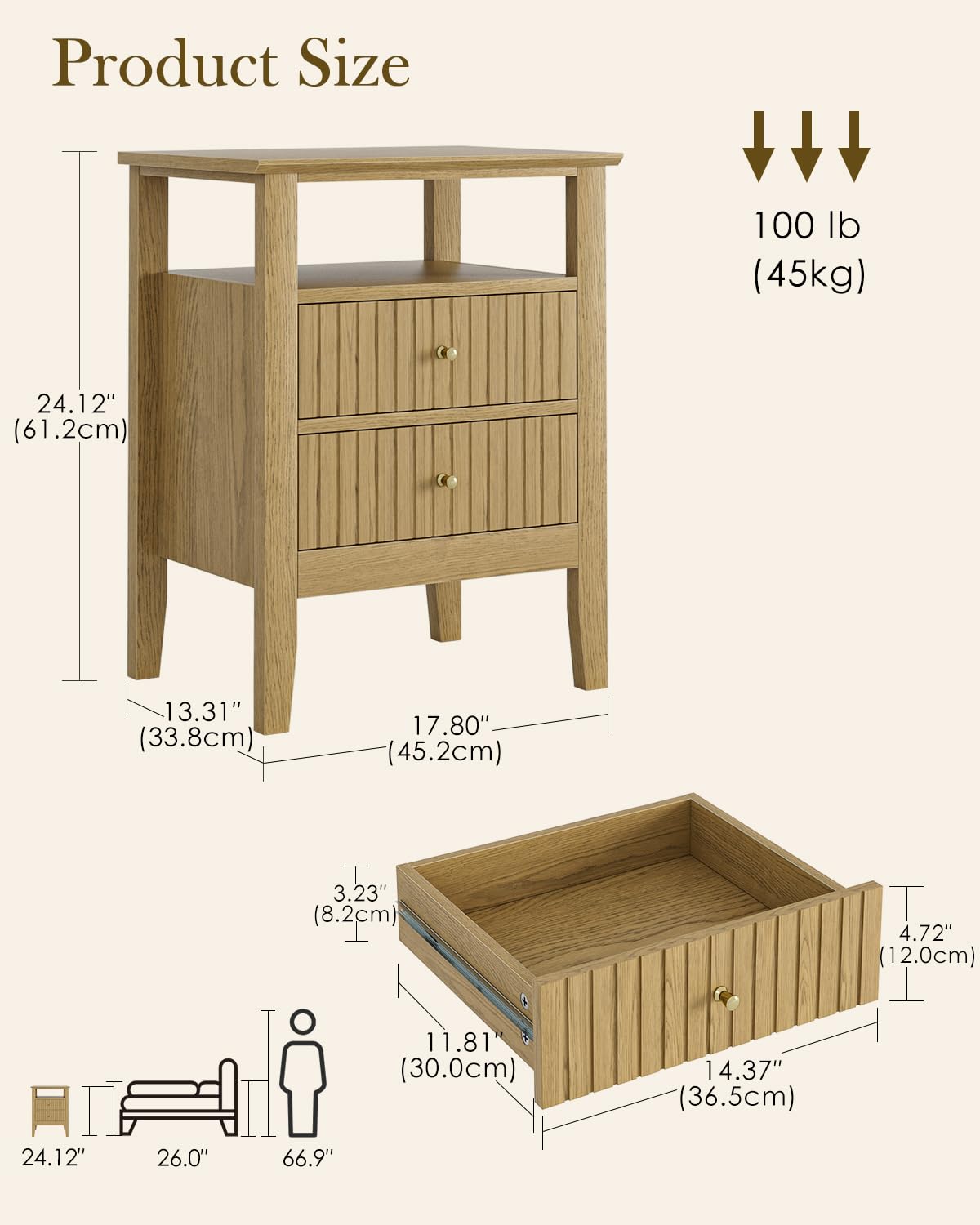Apetaccat Fluted Nightstand, Farmhouse Night Stand with 2 Drawers, Mid Century Modern Side Accent Table,Bedside End Table for Bedroom, Living Room, Yellow Oak
