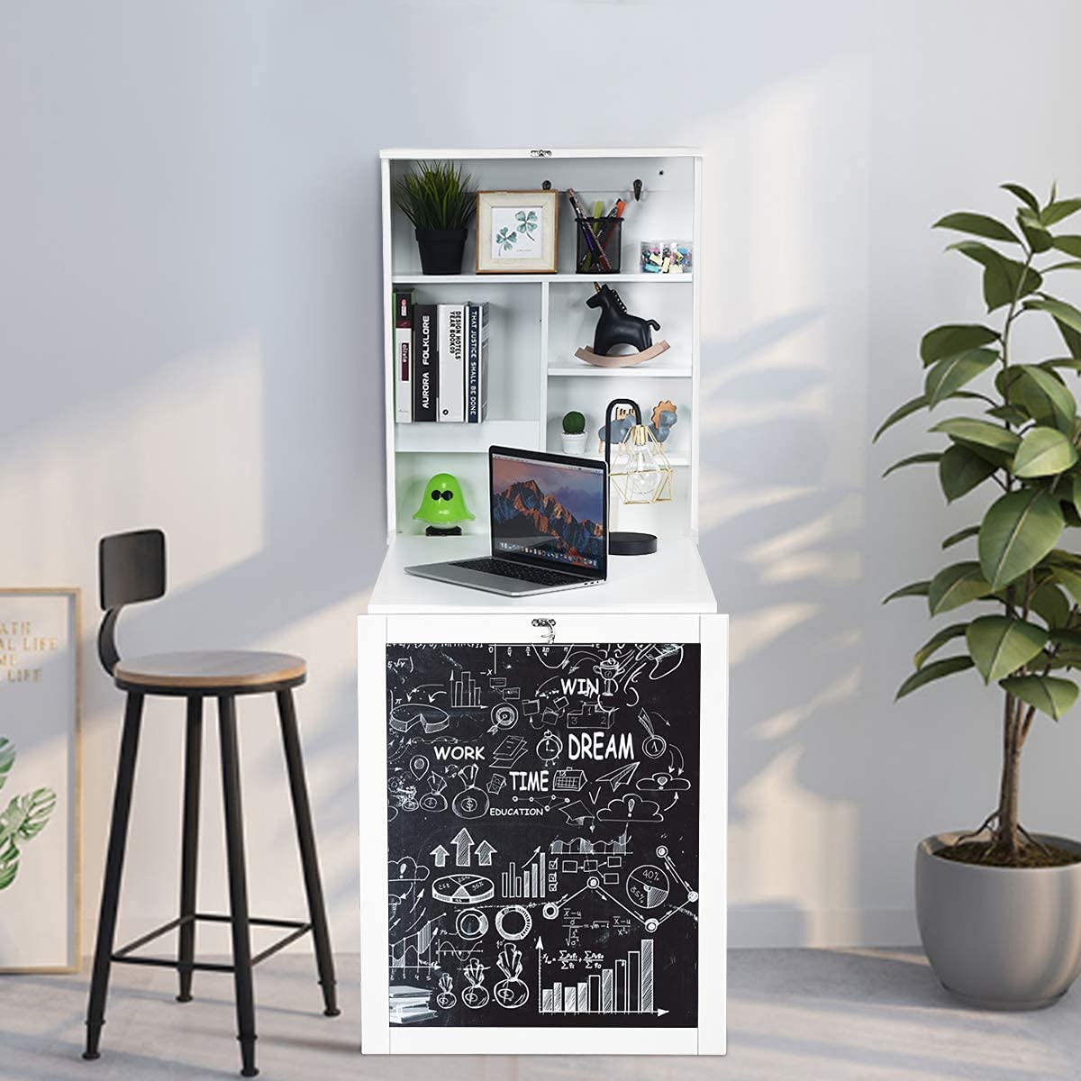 GRAFFY Wall Mounted Folding Desk, Floating Desk with Chalkboard, Multi-Function Wall Mounted Table with Storage Shelves & Hooks, Computer Desk Laptop Workstation Home Office (White)