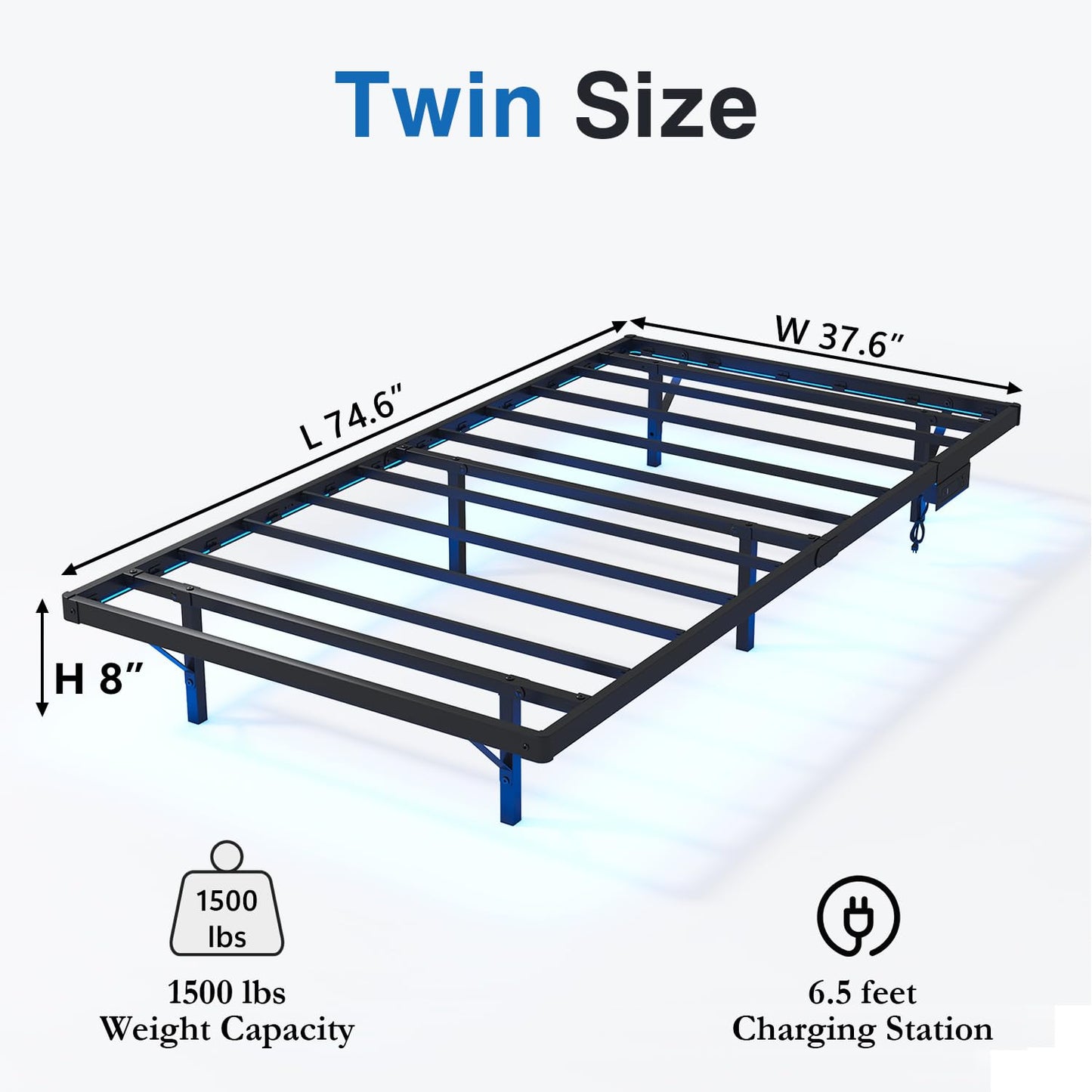 HAVONIZD Floating Bed Frame Twin with LED Lights and Charging Station - 8 inch Platform Bed Frame No Box Spring Needed, Easy Assembly