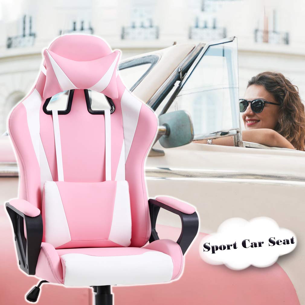 Ergonomic High-Back PU Leather Executive Office Gaming Chair with Massage Function, Adjustable Reclining Design, Lumbar Support, Headrest Pillow, Armrests Modern Racing Style Desk Chair (Pink)